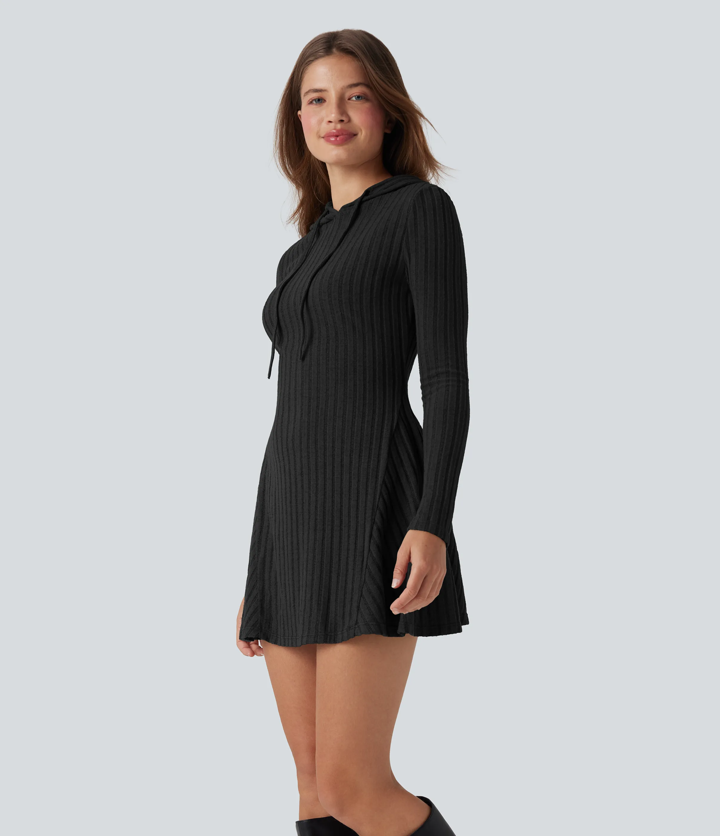 Halara Vestido casual mini de manga larga con capucha y cordón ajustable de punto acanalado - Black - L sold by Halara product image thumbnail 4