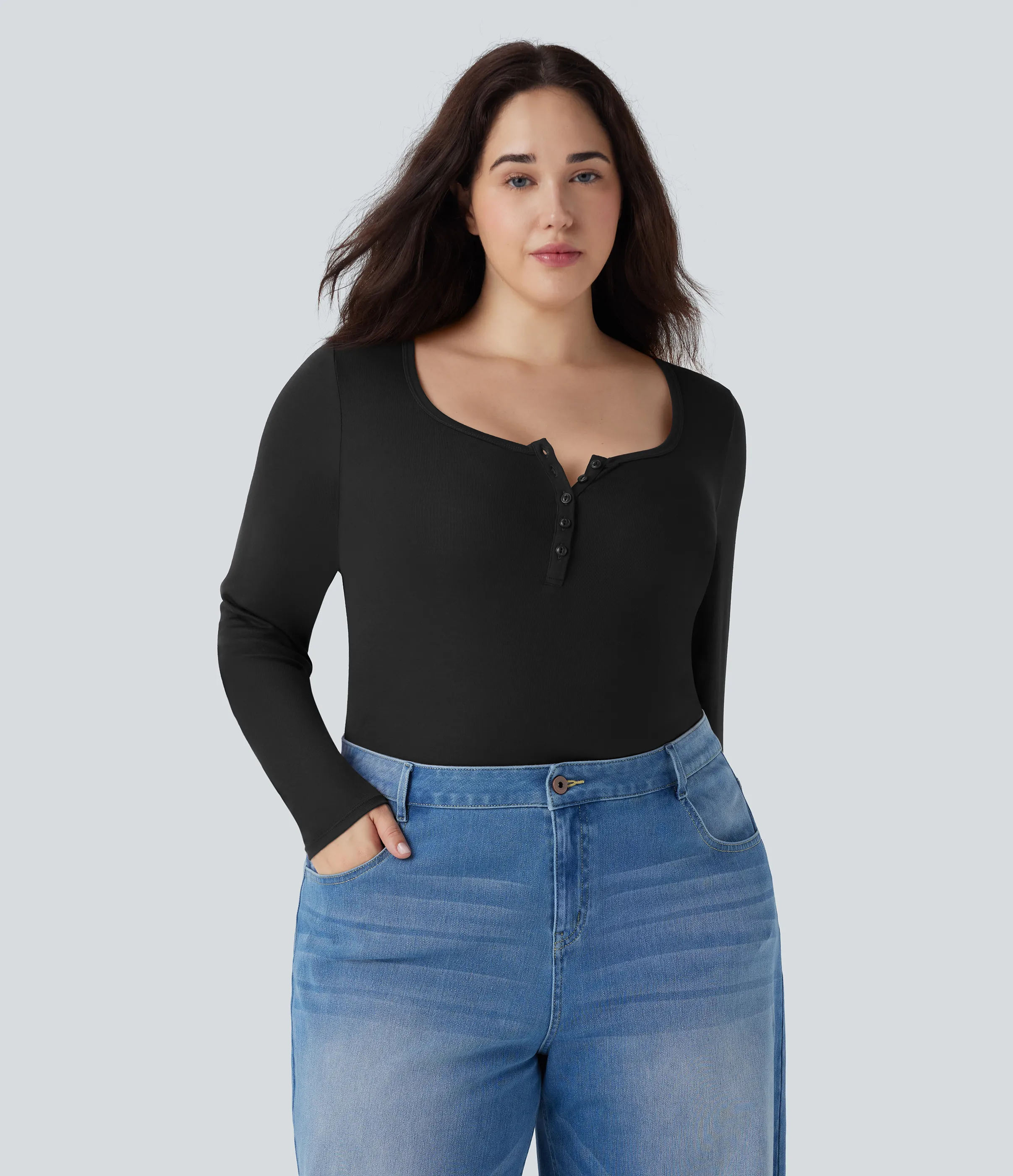 Halara Top manga larga cuello Henley acanalado talla grande - Black - 3X sold by Halara product image thumbnail 2