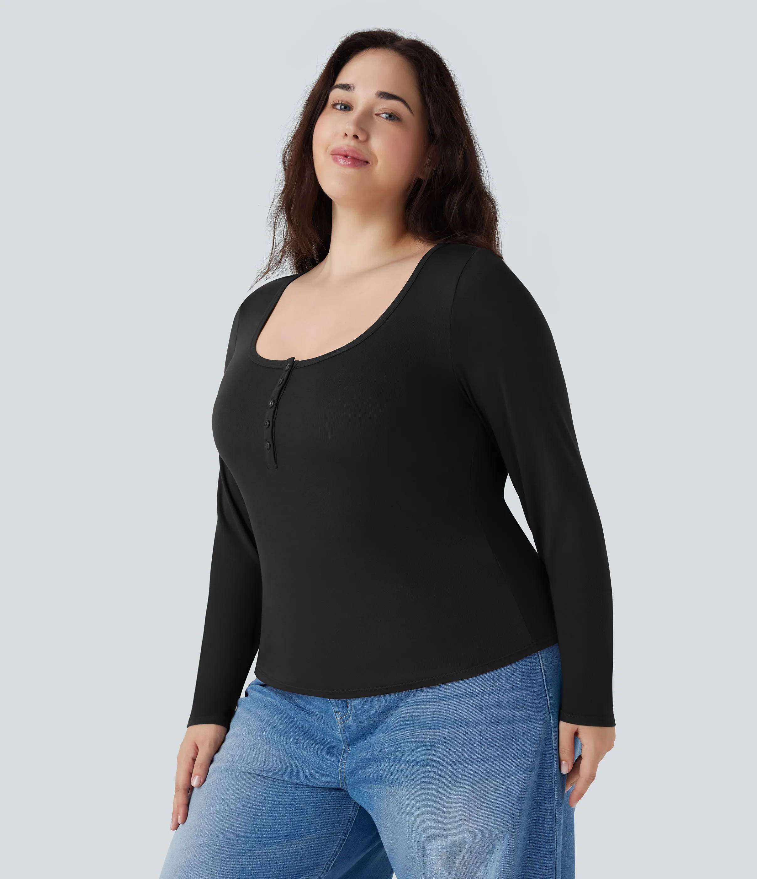 Halara Top manga larga cuello Henley acanalado talla grande - Black - 3X sold by Halara product image thumbnail 4