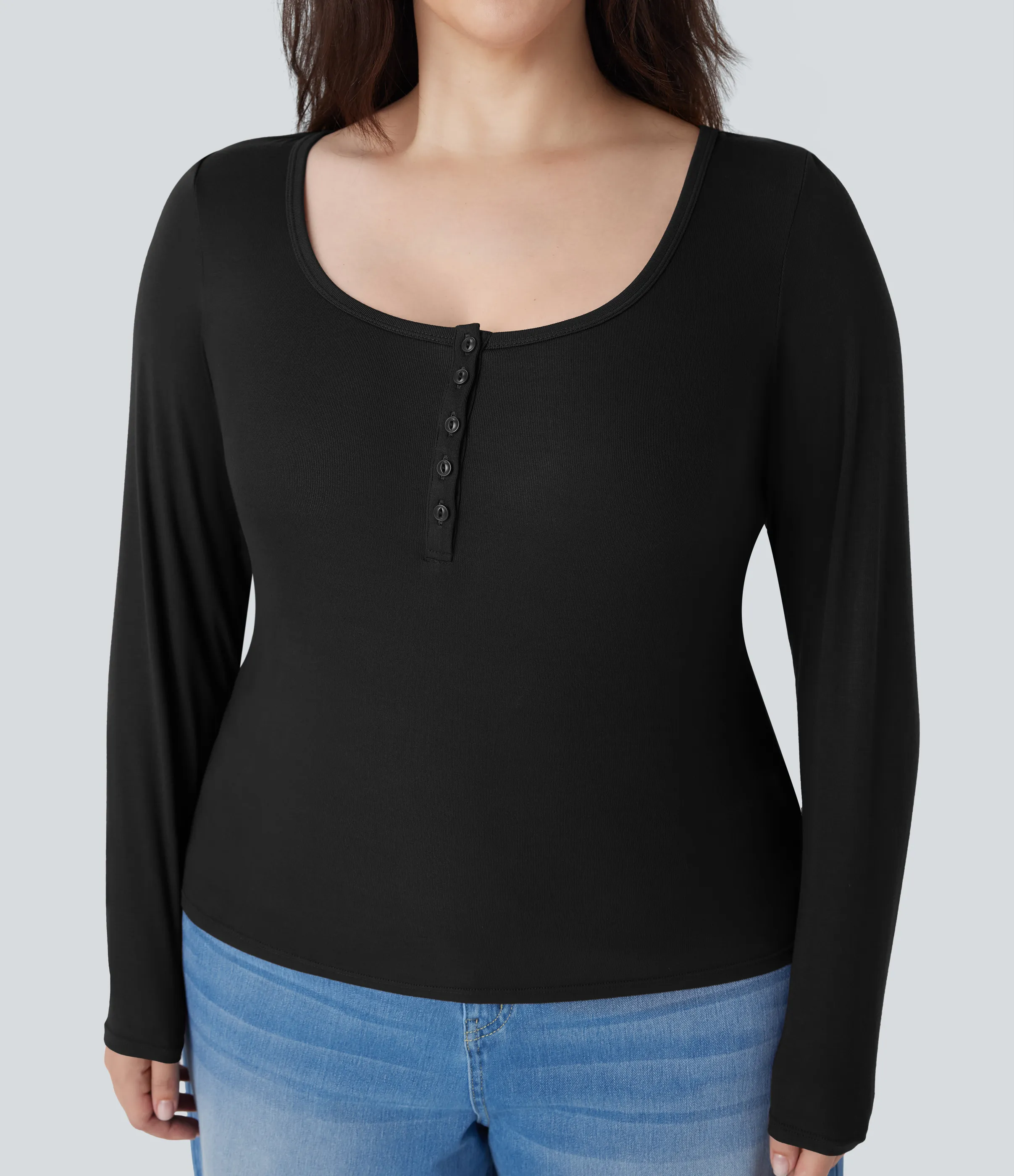 Halara Top manga larga cuello Henley acanalado talla grande - Black - 3X sold by Halara product image thumbnail 5