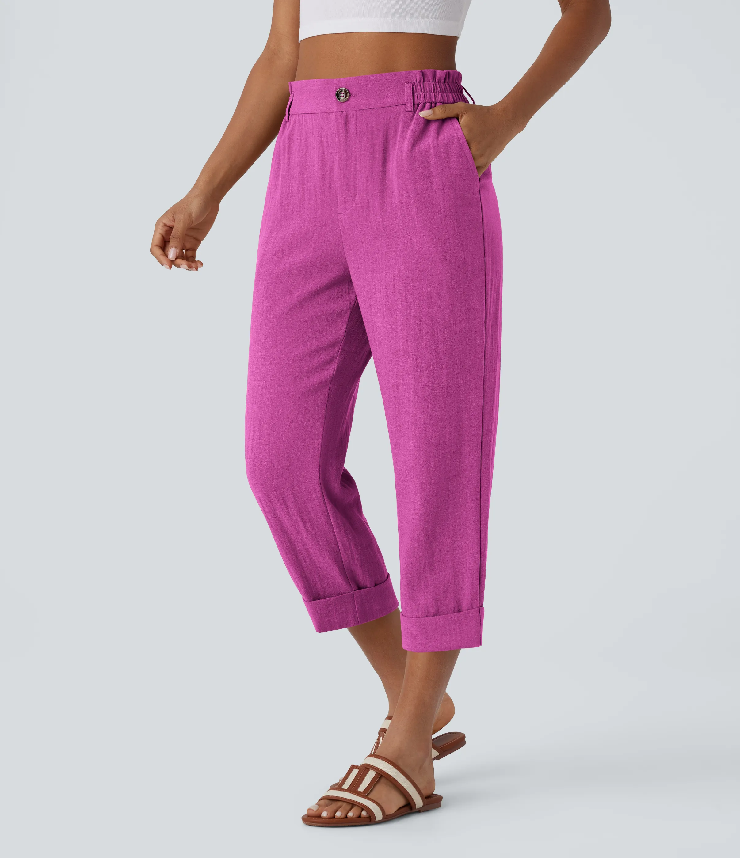 Halara Pantalón capri lino tiro alto bolsillo lateral cremallera botón - Rose Violet - L(regular) sold by Halara