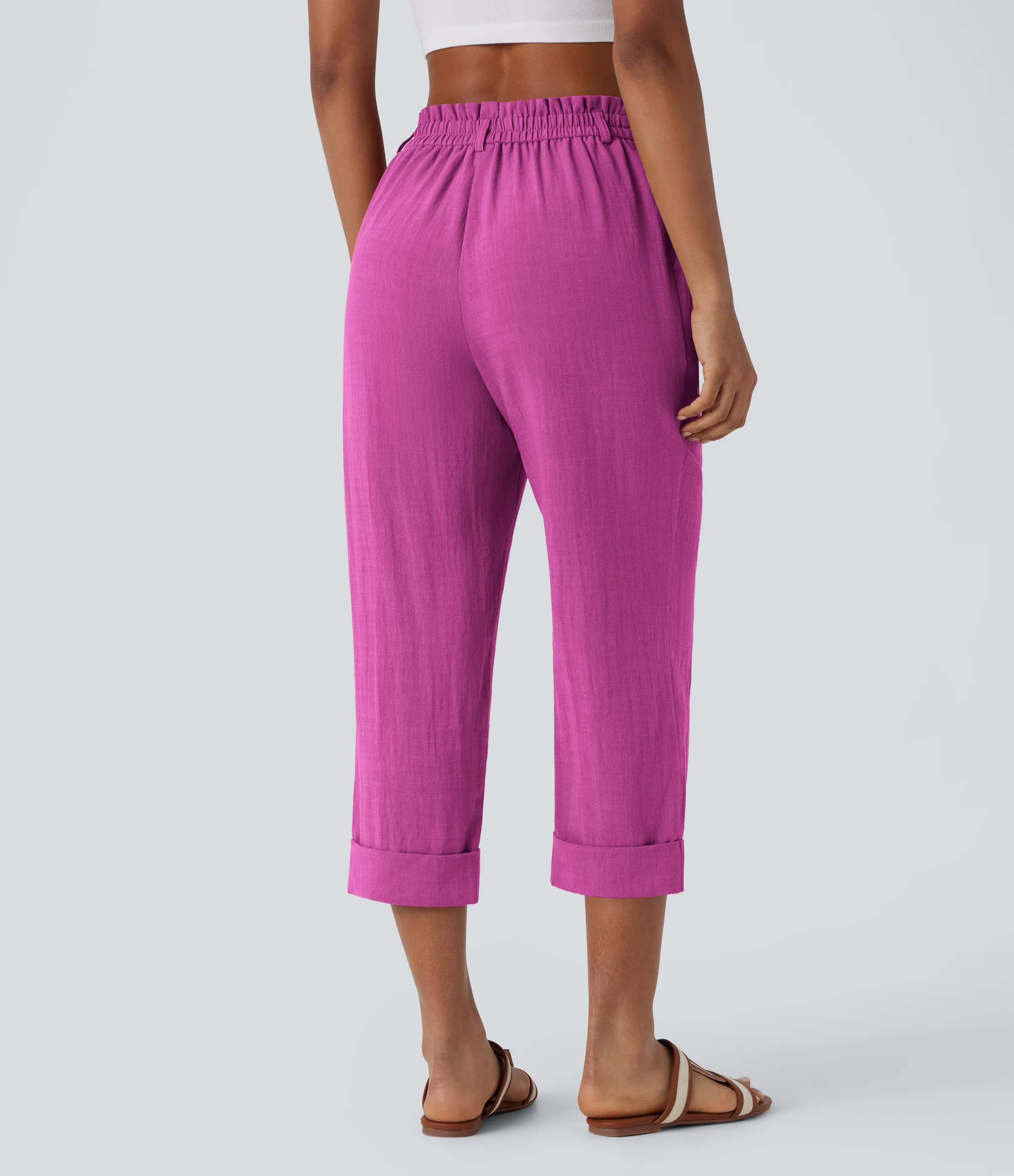 Halara Pantalón capri lino tiro alto bolsillo lateral cremallera botón - Rose Violet - L(regular) sold by Halara product image thumbnail 3