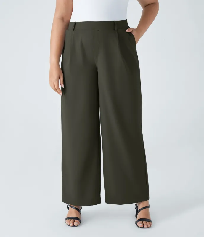 Halara Pantalón  oficina tiro alto recto bolsillo lateral pinzas talla grande - Forest Night - 1X(regular) made by Halara