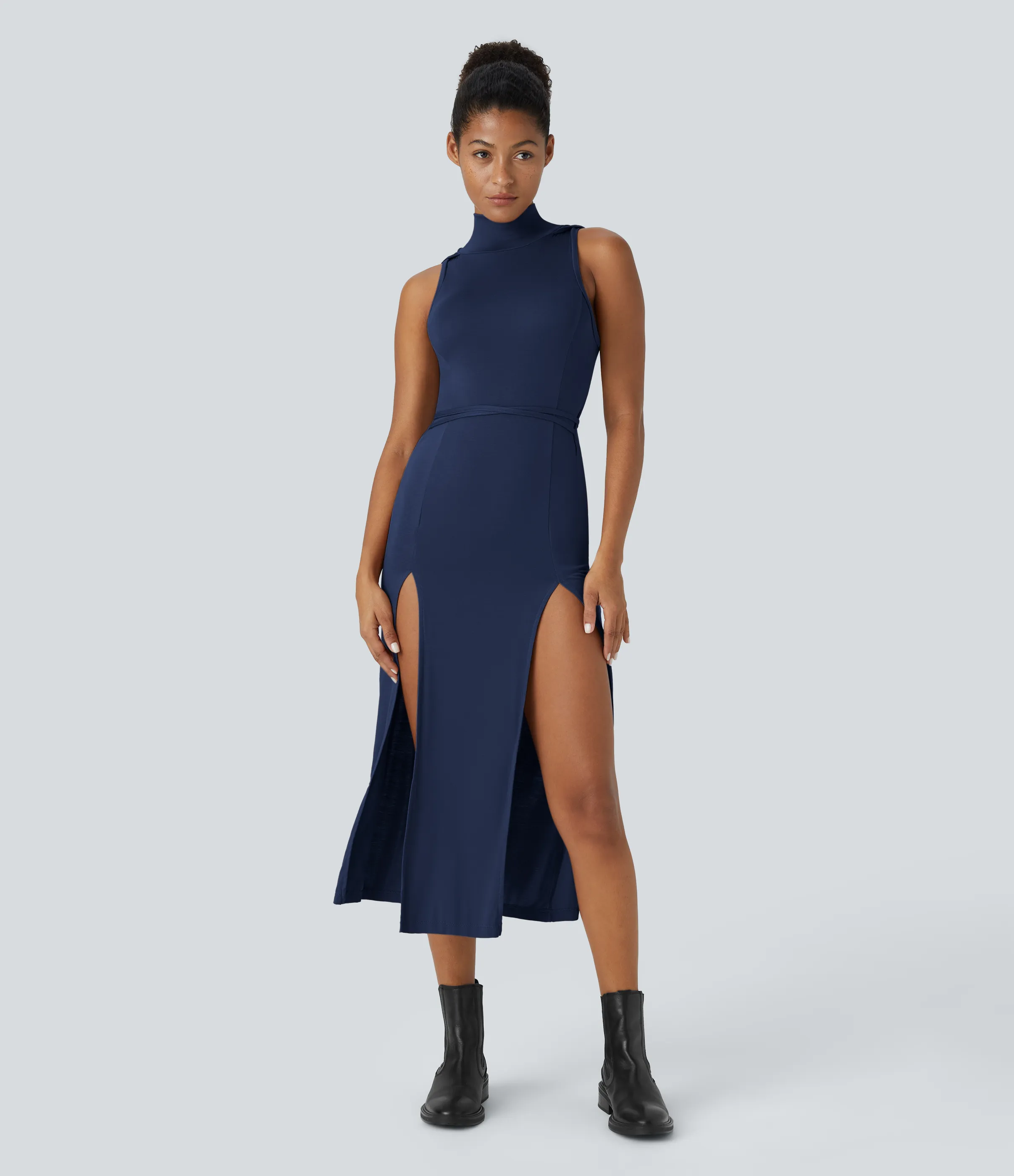 Halara Vestido media pierna 2 piezas abertura lazo espalda sin mangas cuello alto capucha canalé - Nightfall Blue - L sold by Halara product image thumbnail 2