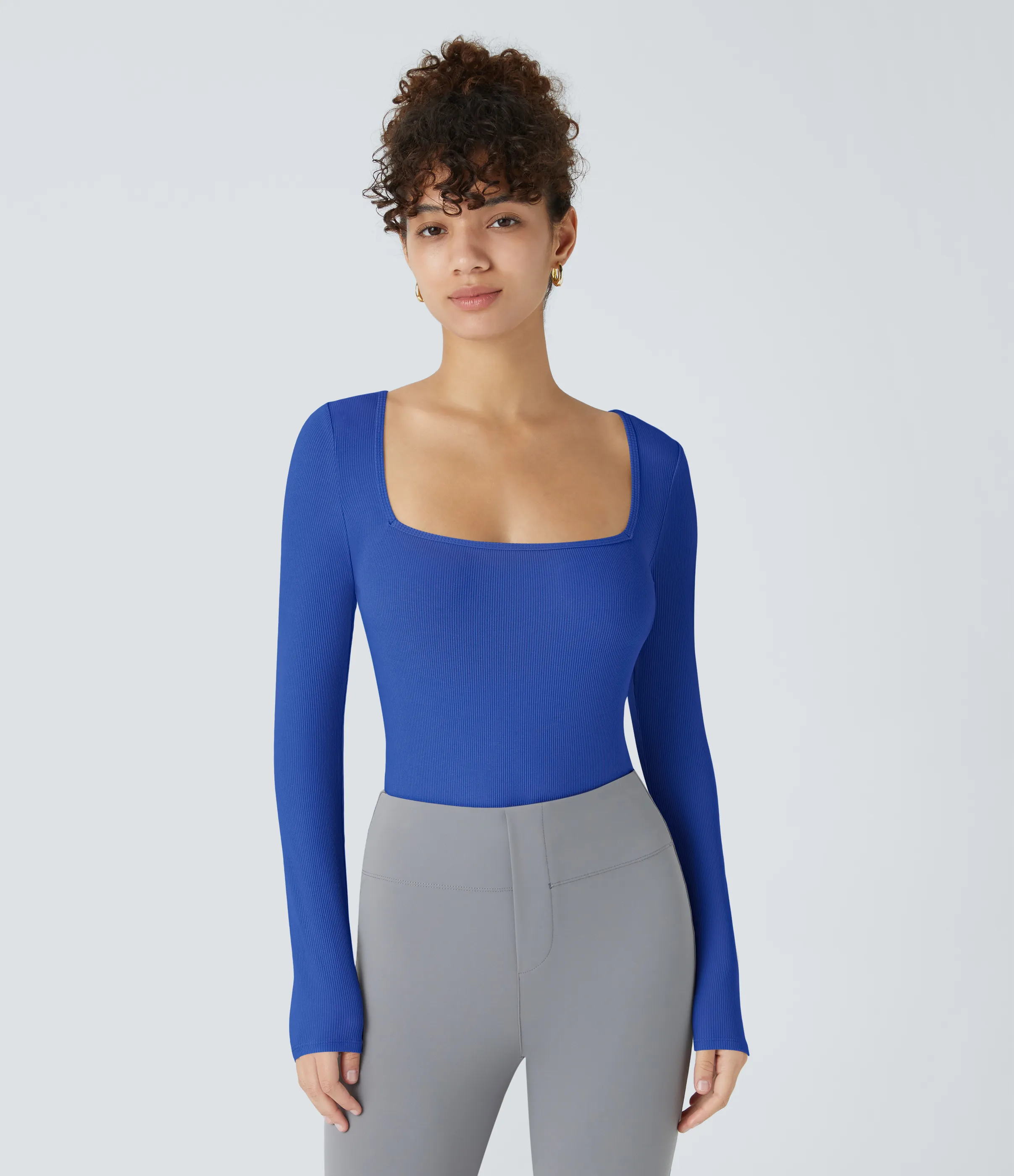 Halara Body oficina ajustado botón manga larga cuello cuadrado acanalado - Blue Without Nights - XL sold by Halara product image thumbnail 3