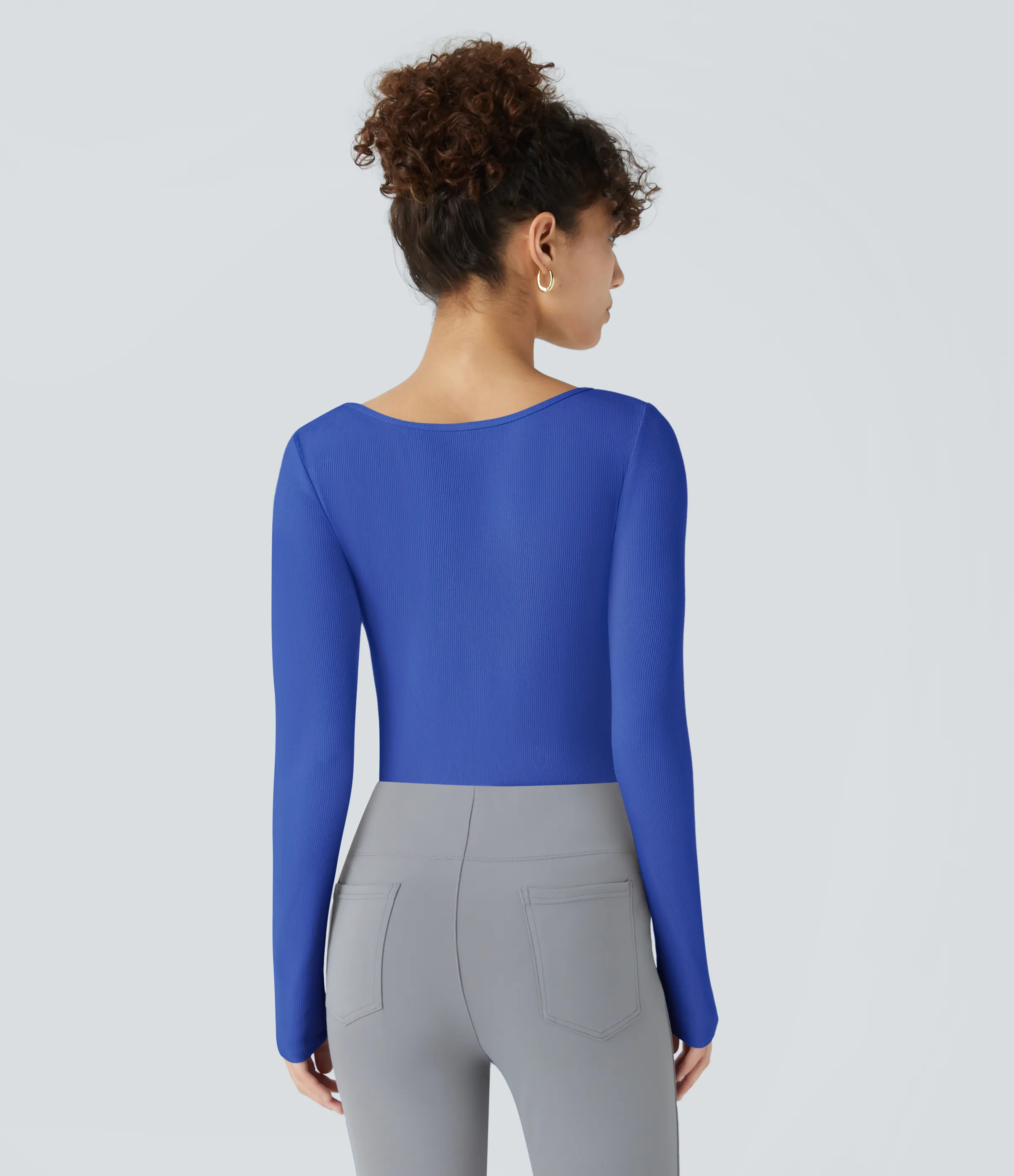 Halara Body oficina ajustado botón manga larga cuello cuadrado acanalado - Blue Without Nights - XL sold by Halara product image thumbnail 4