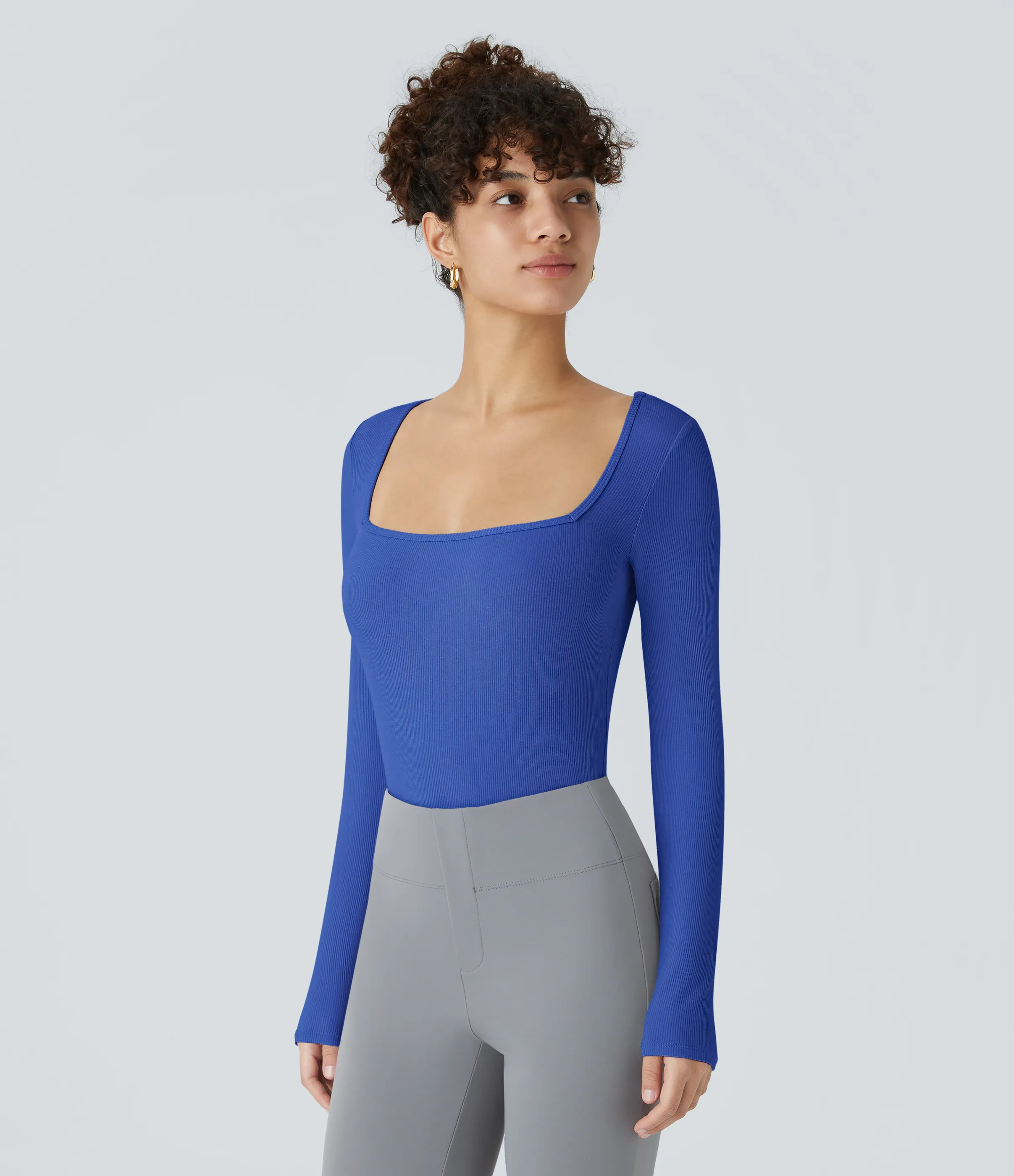 Halara Body oficina ajustado botón manga larga cuello cuadrado acanalado - Blue Without Nights - XL sold by Halara product image thumbnail 5