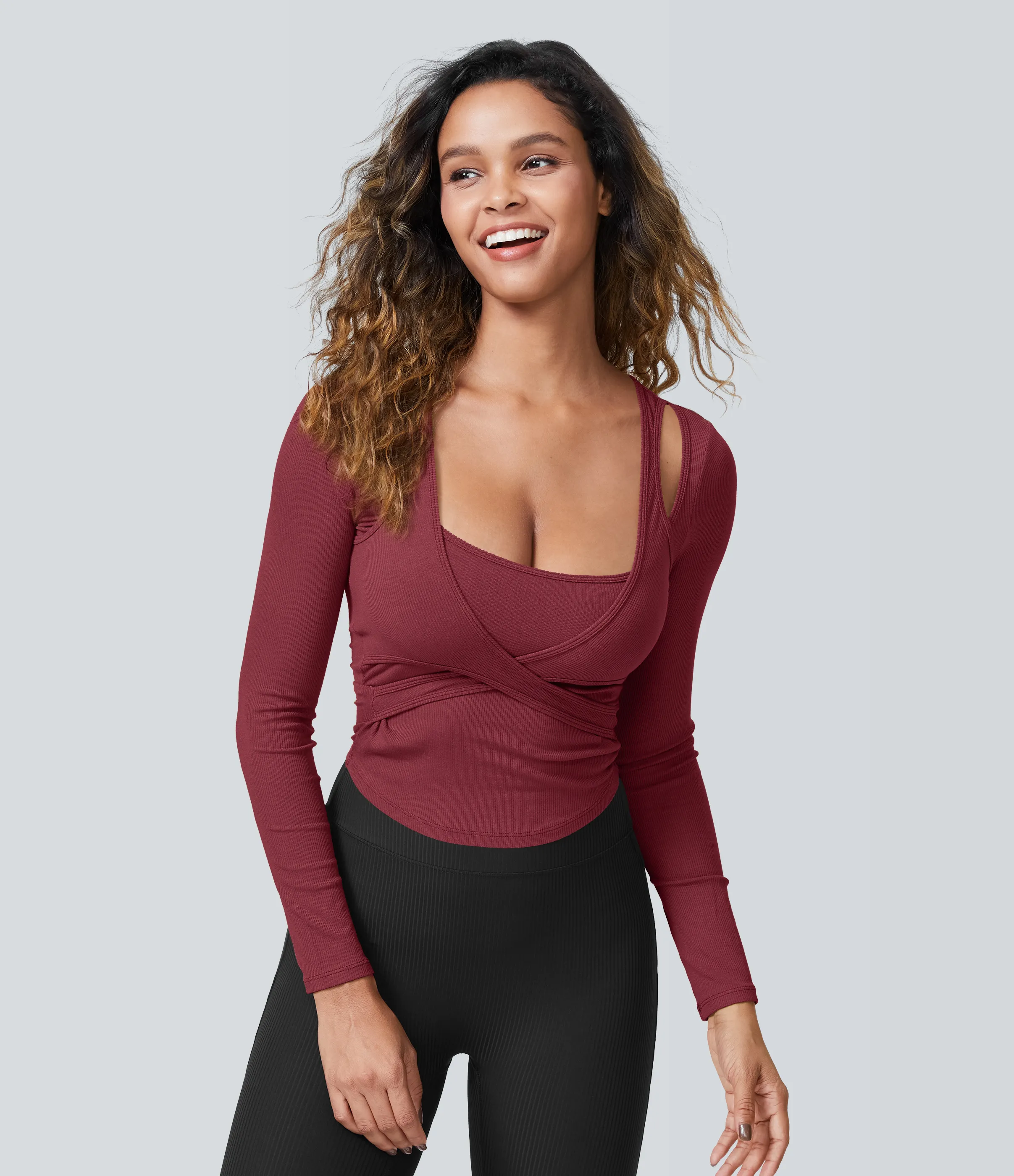 Halara Top deportivo cortado cruzado de punto acanalado de manga larga con escote cuadrado - Ruby Wine - L sold by Halara product image thumbnail 2