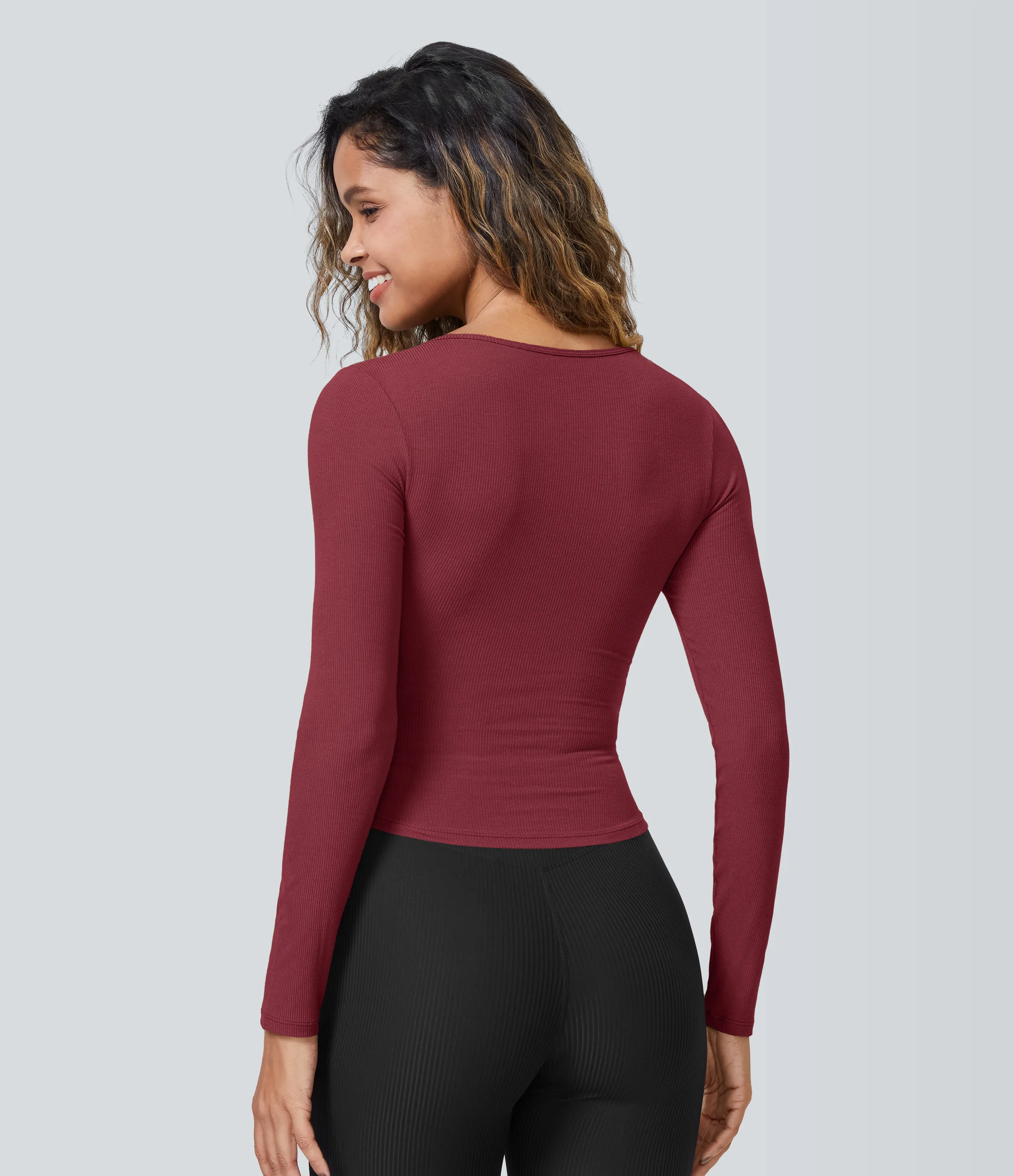 Halara Top deportivo cortado cruzado de punto acanalado de manga larga con escote cuadrado - Ruby Wine - L sold by Halara product image thumbnail 3