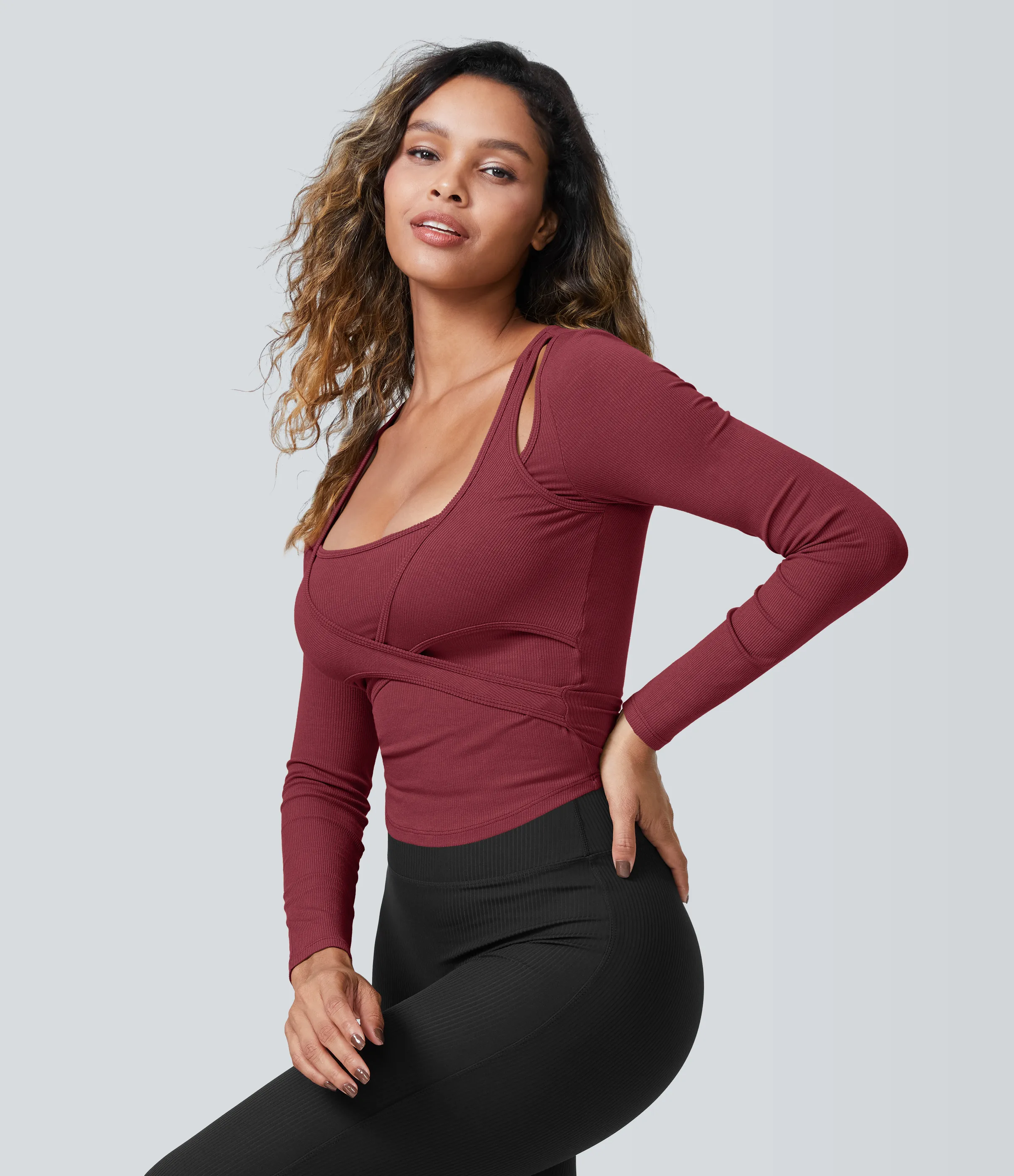 Halara Top deportivo cortado cruzado de punto acanalado de manga larga con escote cuadrado - Ruby Wine - L sold by Halara product image thumbnail 4