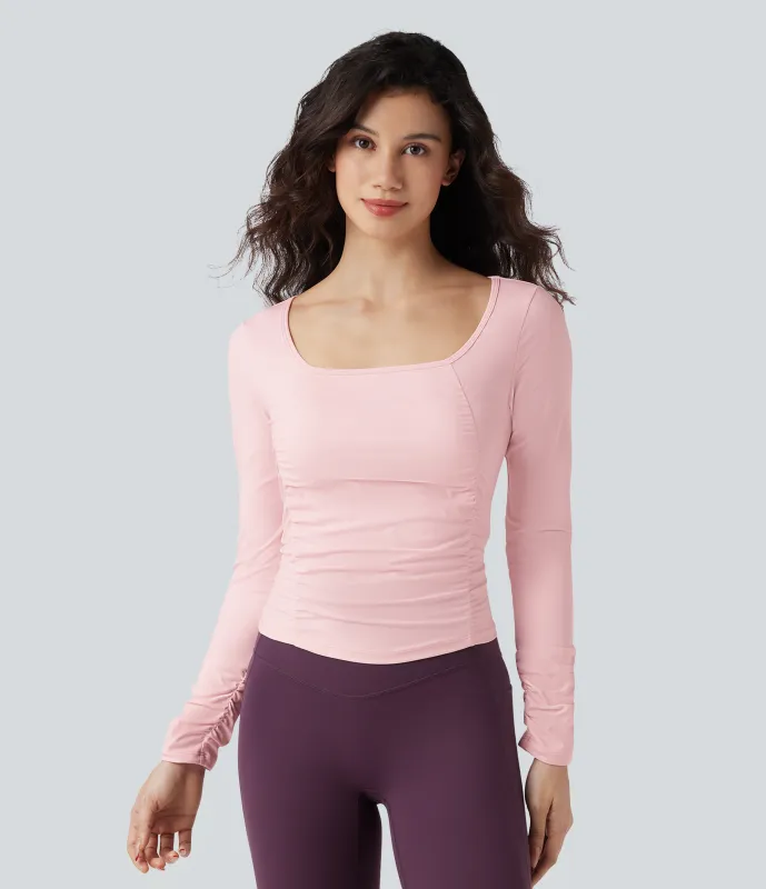 Halara Top deportivo de entrenamiento SoftlyZero™ con cuello cuadrado de manga larga con fruncido y tacto fresco - Primrose Pink - M sold by Halara
