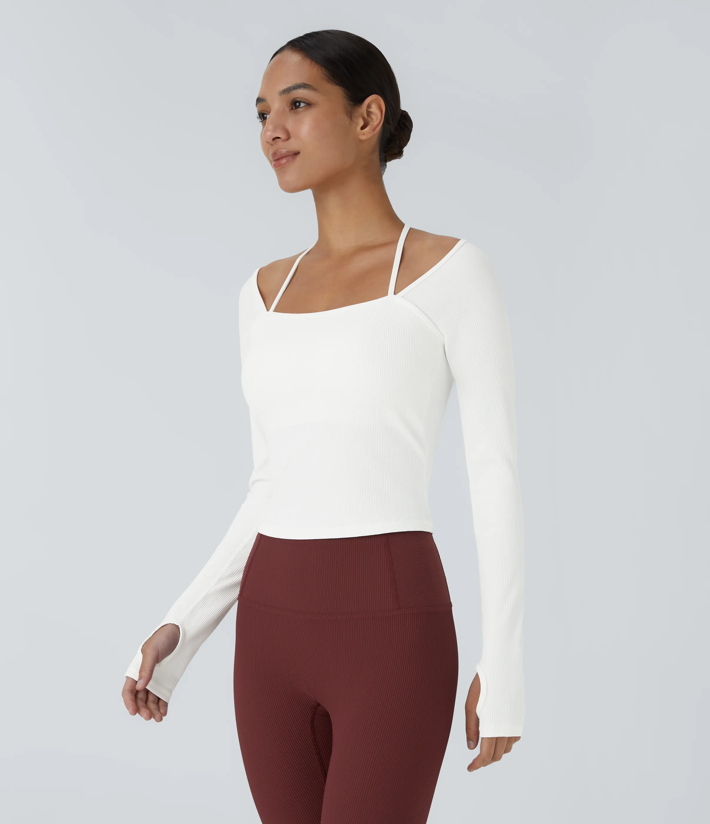 Halara Camiseta deportiva yoga agujero para pulgar tirante halter espalda acanalada - White - S(Long) sold by Halara