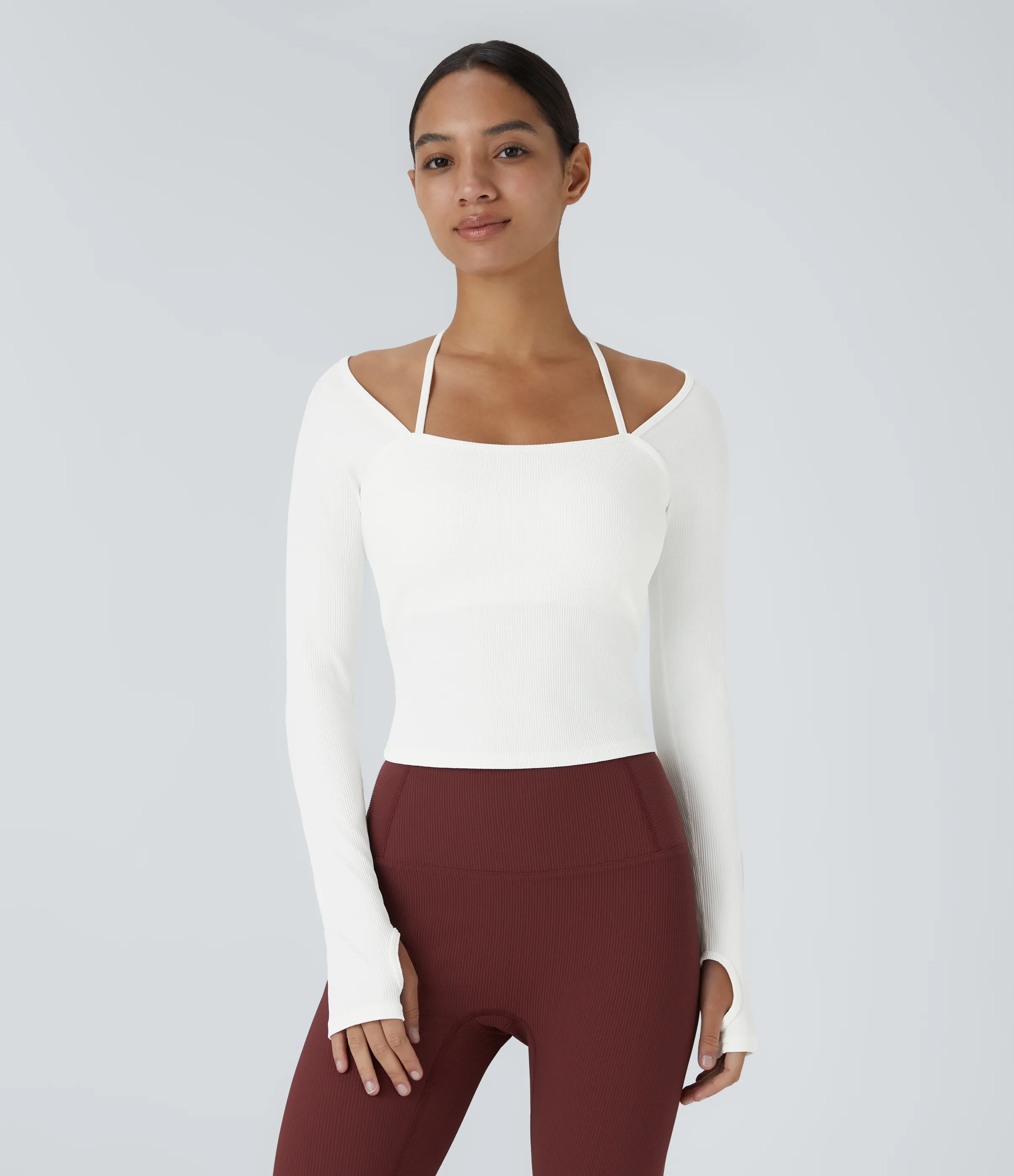 Halara Camiseta deportiva yoga agujero para pulgar tirante halter espalda acanalada - White - S(Long) sold by Halara product image thumbnail 4