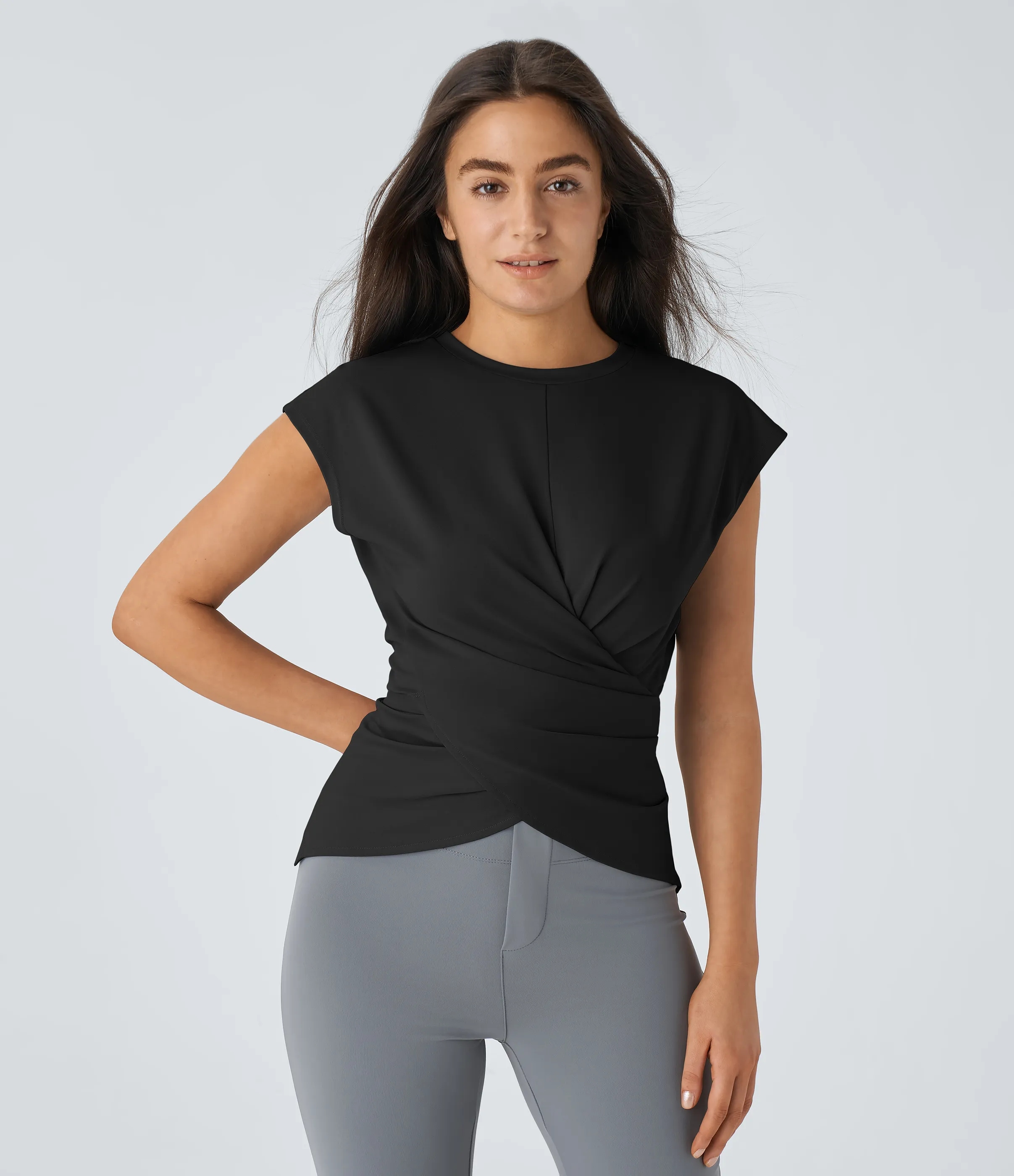 Halara Top oficina botón ajustable dobladillo cruzado manga japonesa - Black - XS sold by Halara