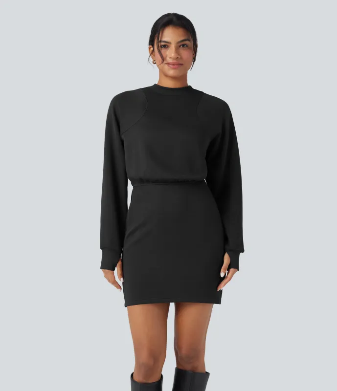 Halara Vestido mini casual con cuello redondo de manga larga y abertura para el pulgar y bolsillos - Black - XL sold by Halara