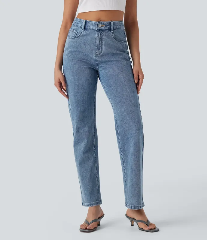 Halara Jeans Halara Flex™ Denim elástico tiro alto cierre botón múltiple bolsillo pierna recta - Tide Blue Denim - S(regular) sold by Halara