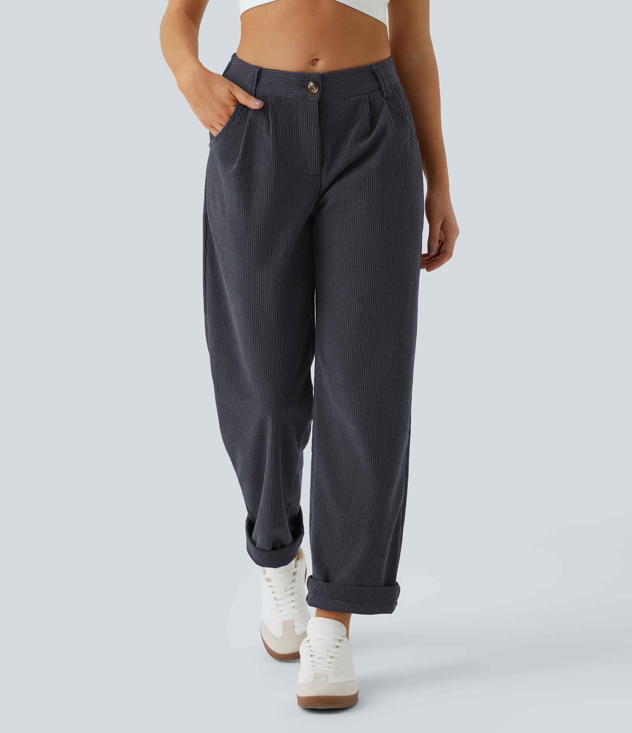 Halara Pantalón pana bolsillo lateral cierre botón tiro medio - Phantom - L(regular) sold by Halara product image thumbnail 4