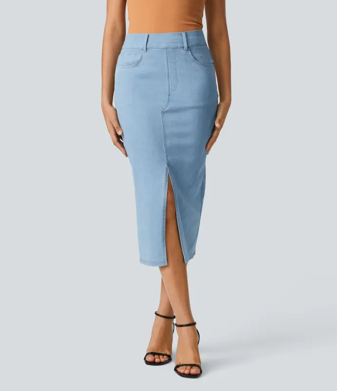 Halara Falda Halara Flex™ Denim mezclilla elástica midi múltiples bolsillos tiro alto - Denim Cyan Blue - XS(regular) sold by Halara