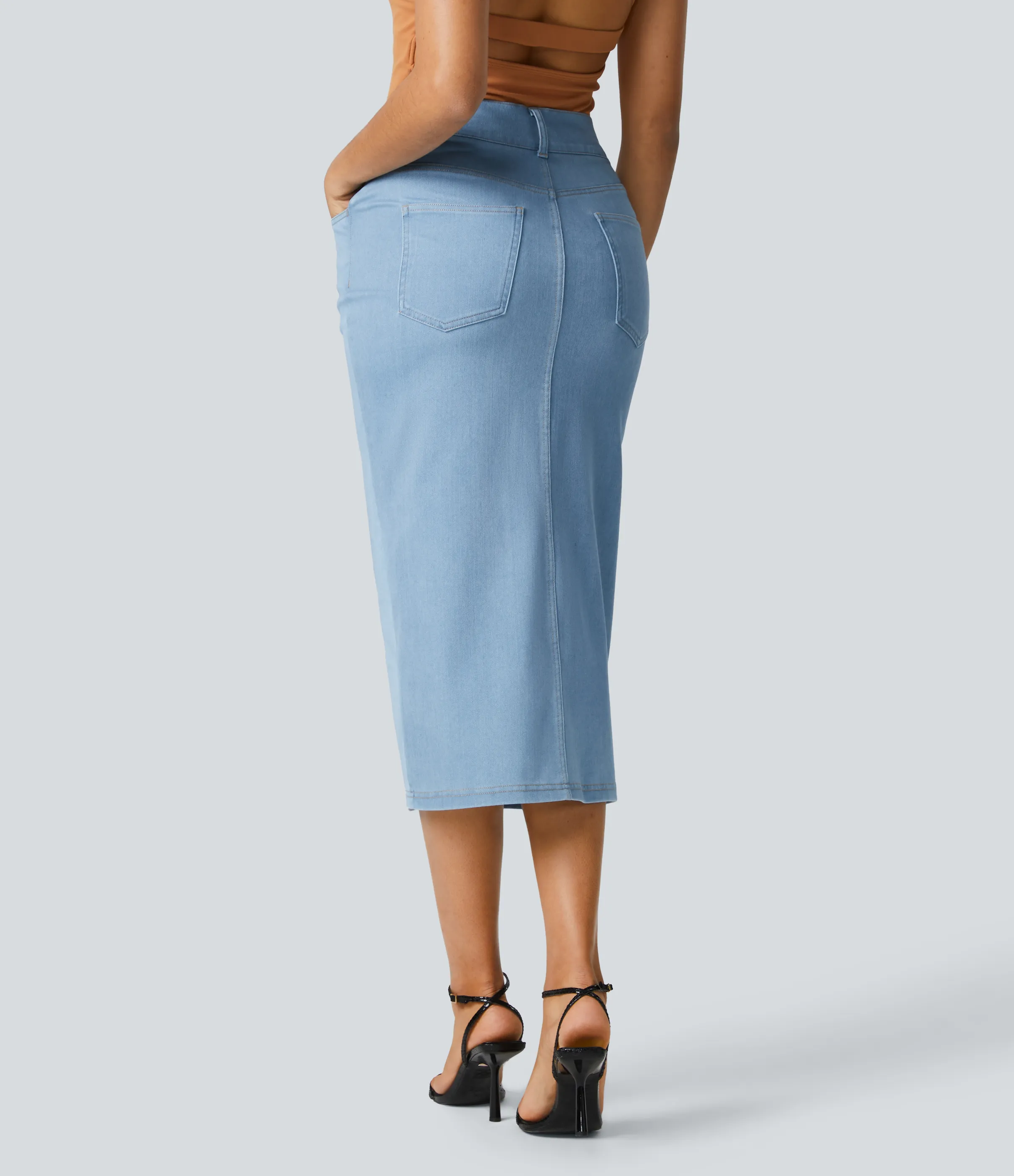 Halara Falda Halara Flex™ Denim mezclilla elástica midi múltiples bolsillos tiro alto - Denim Cyan Blue - XS(regular) sold by Halara product image thumbnail 3