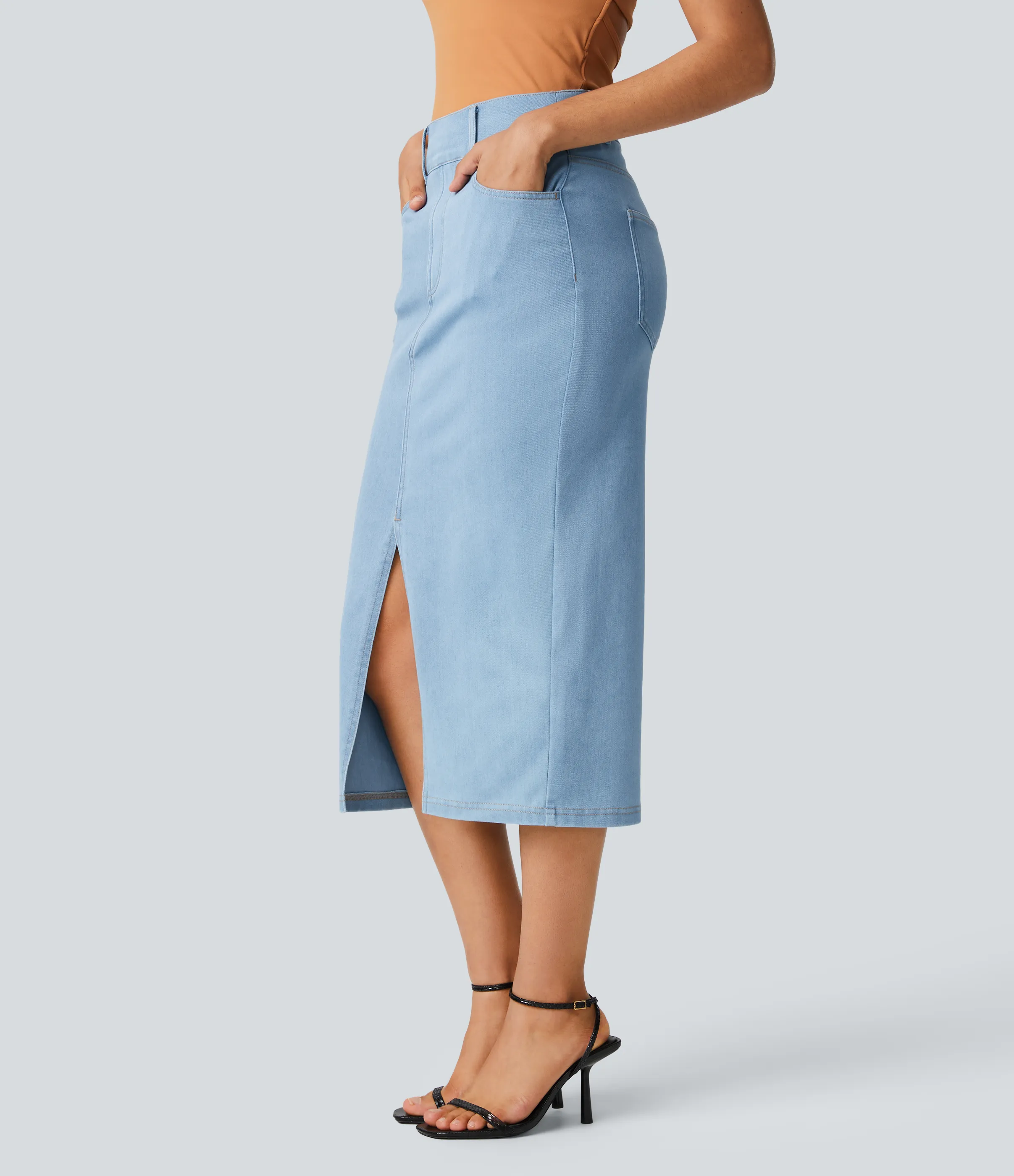 Halara Falda Halara Flex™ Denim mezclilla elástica midi múltiples bolsillos tiro alto - Denim Cyan Blue - XS(regular) sold by Halara product image thumbnail 4