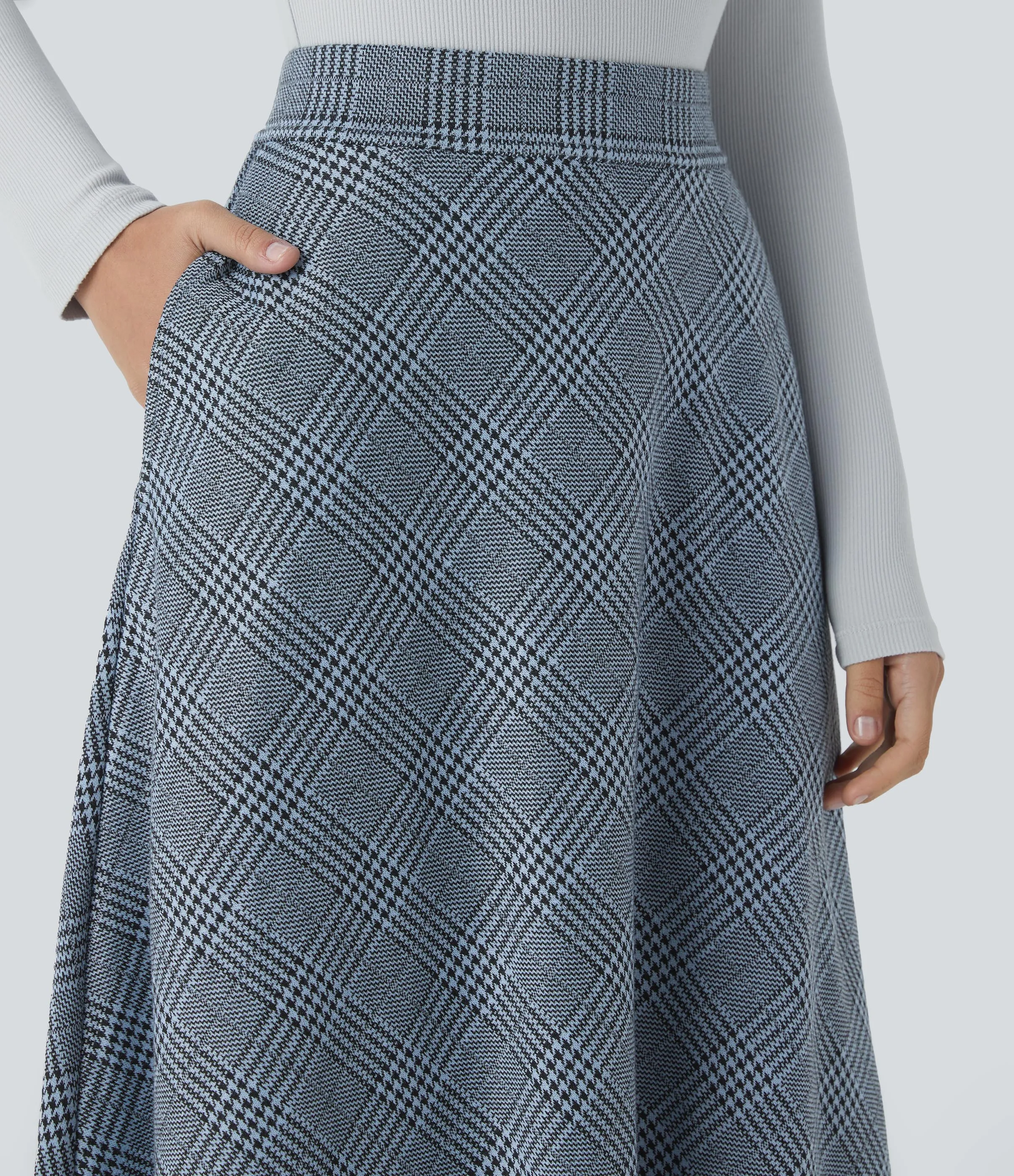 Halara Falda midi acampanada cuadro pata gallo bolsillo lateral tiro alto - Grey Houndstooth Plaid - M(regular) sold by Halara product image thumbnail 5