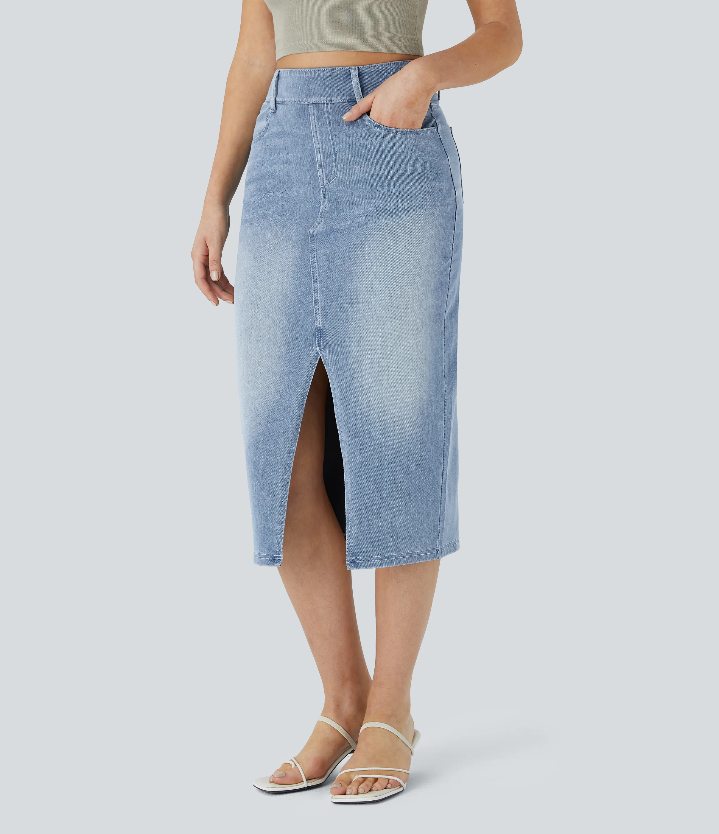 Halara Falda Midi Halara Flex™ Denim elástica de tiro alto descolorida con múltiples bolsillos - Gray Blue Denim - XL(regular) sold by Halara product image thumbnail 4