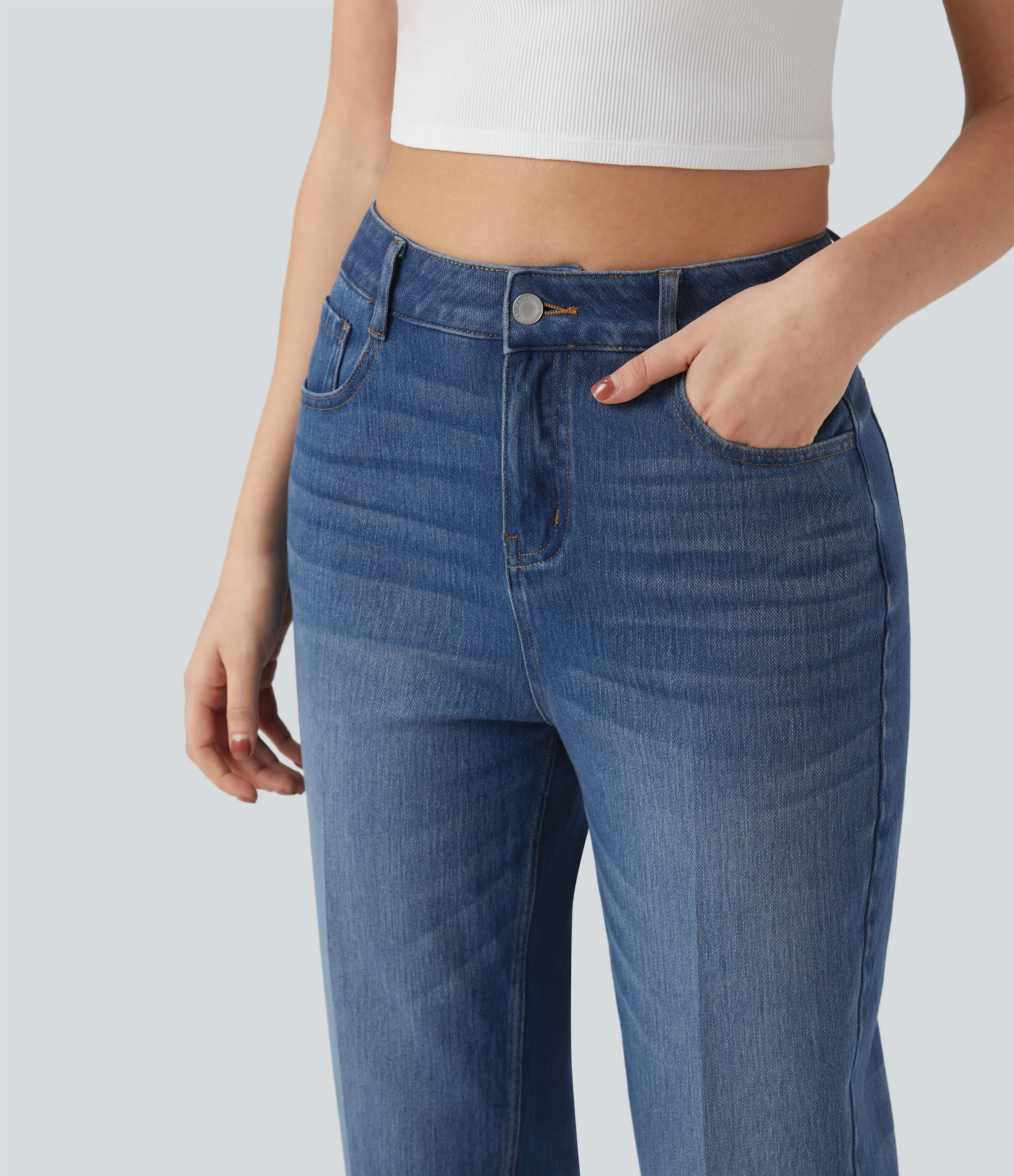 Halara Jeans casuales rectos Halara Flex™ de tiro alto y bolsillos en largo 7/8 - Tide Blue Denim - L(regular) sold by Halara product image thumbnail 5