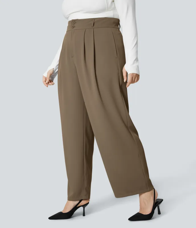 Halara Pantalón oficina tiro alto botón cremallera bolsillo lateral fruncido pierna recta talla grande - Kangaroo - 1X(regular) made by Halara