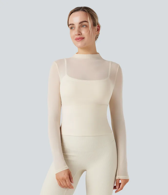 Halara Top deportivo de yoga 2 en 1 de manga larga con malla de contraste (largo extra) - Pearled Ivory - XL(Long) sold by Halara