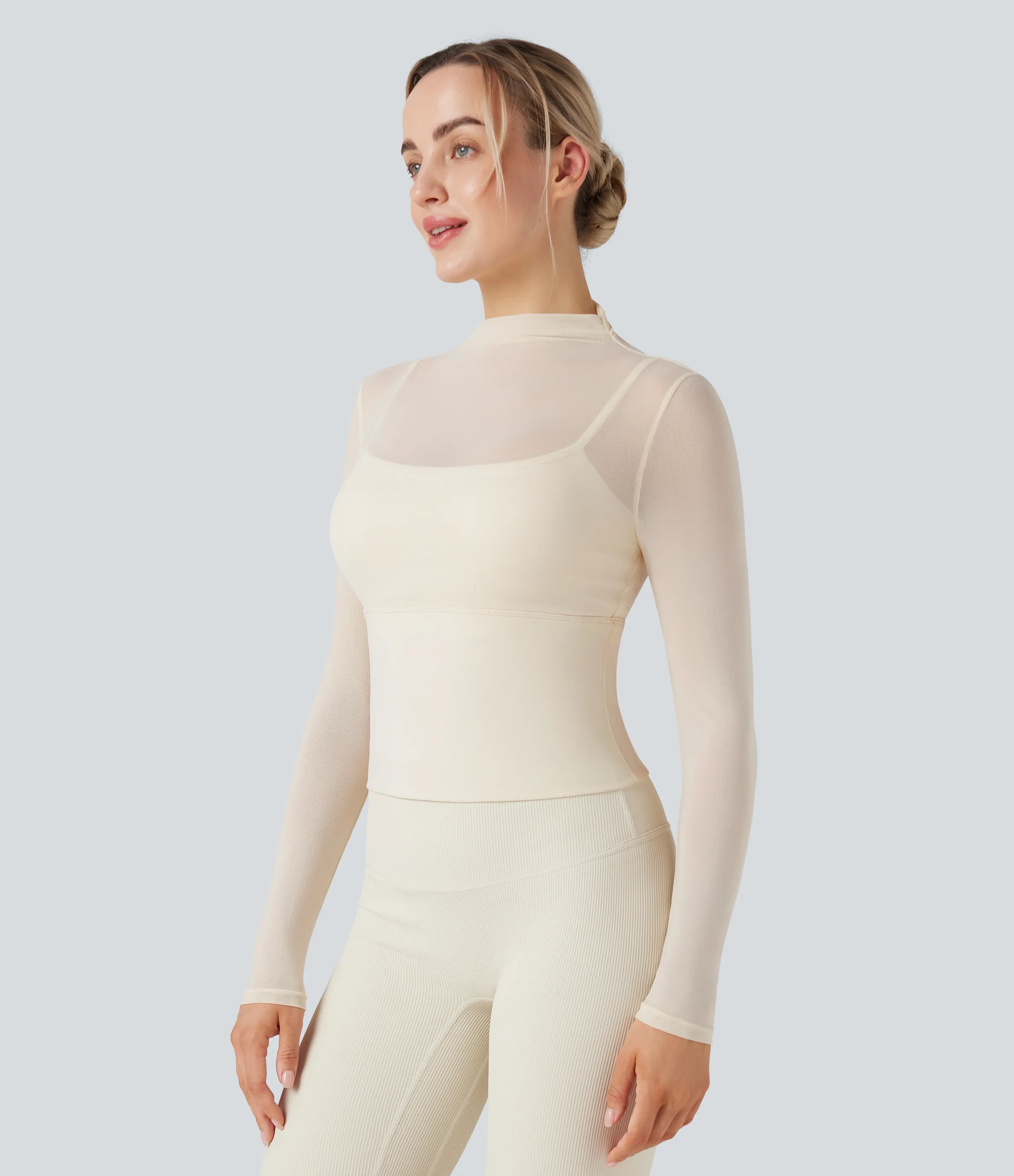 Halara Top deportivo de yoga 2 en 1 de manga larga con malla de contraste (largo extra) - Pearled Ivory - XL(Long) sold by Halara product image thumbnail 4