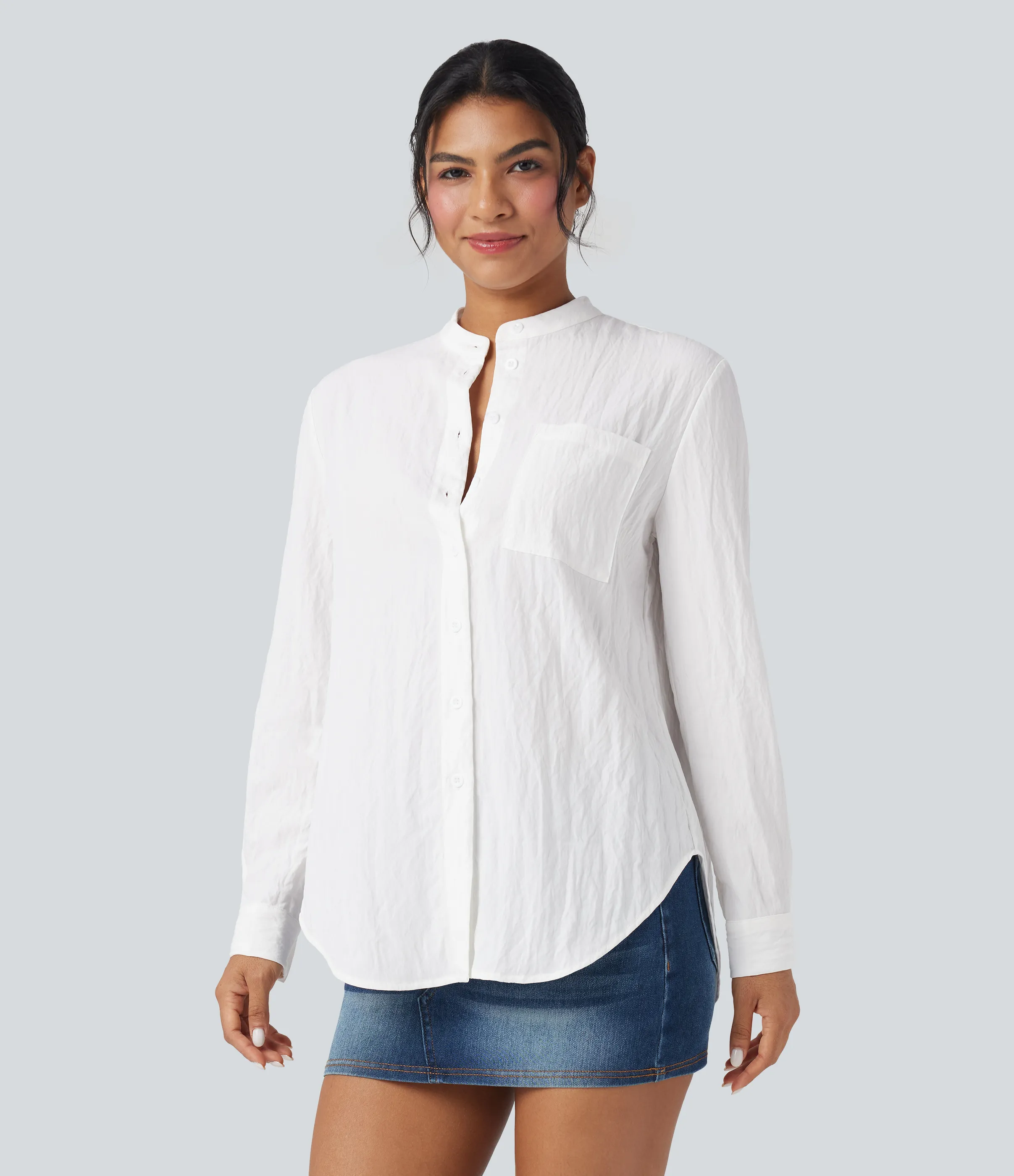 Halara Camisa casual de manga larga con dobladillo curvo y bolsillo - White - M sold by Halara product image thumbnail 4