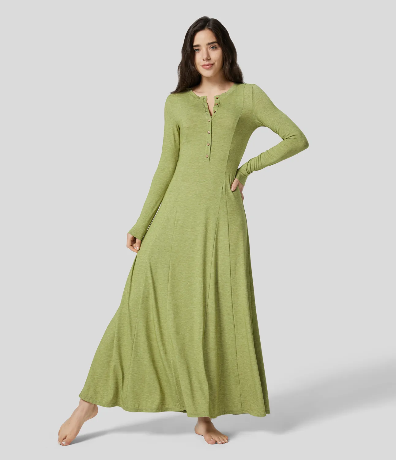 Halara Vestido maxi acampanado de manga larga y cuello redondo con botones - Spring Green Floral Yarn - XS sold by Halara product image thumbnail 2