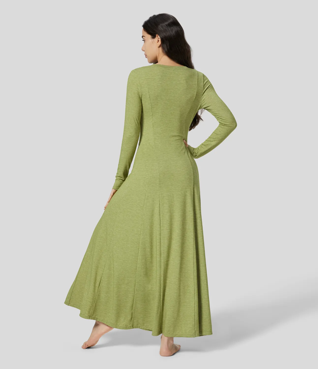 Halara Vestido maxi acampanado de manga larga y cuello redondo con botones - Spring Green Floral Yarn - XS sold by Halara product image thumbnail 3