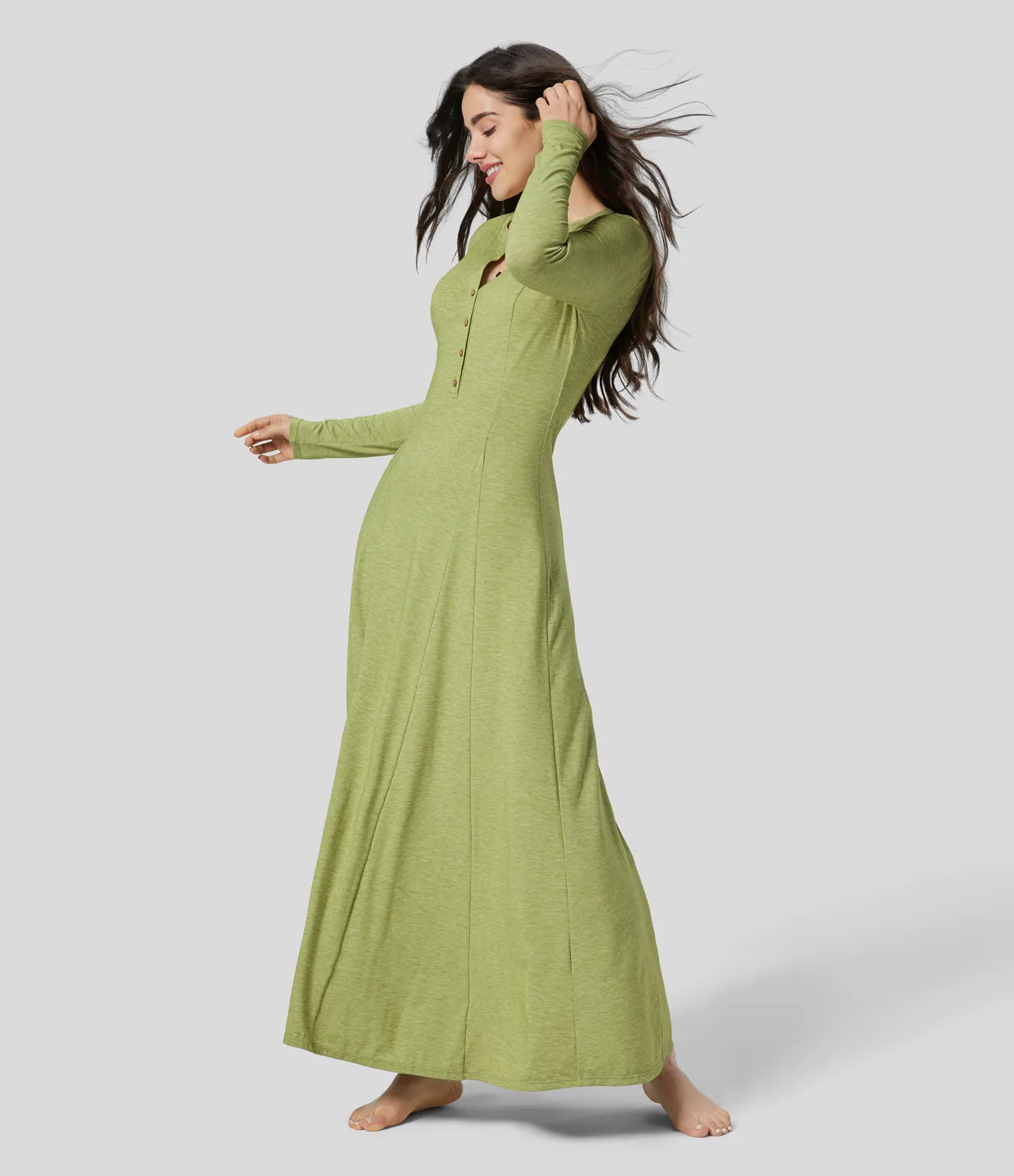 Halara Vestido maxi acampanado de manga larga y cuello redondo con botones - Spring Green Floral Yarn - XS sold by Halara product image thumbnail 4