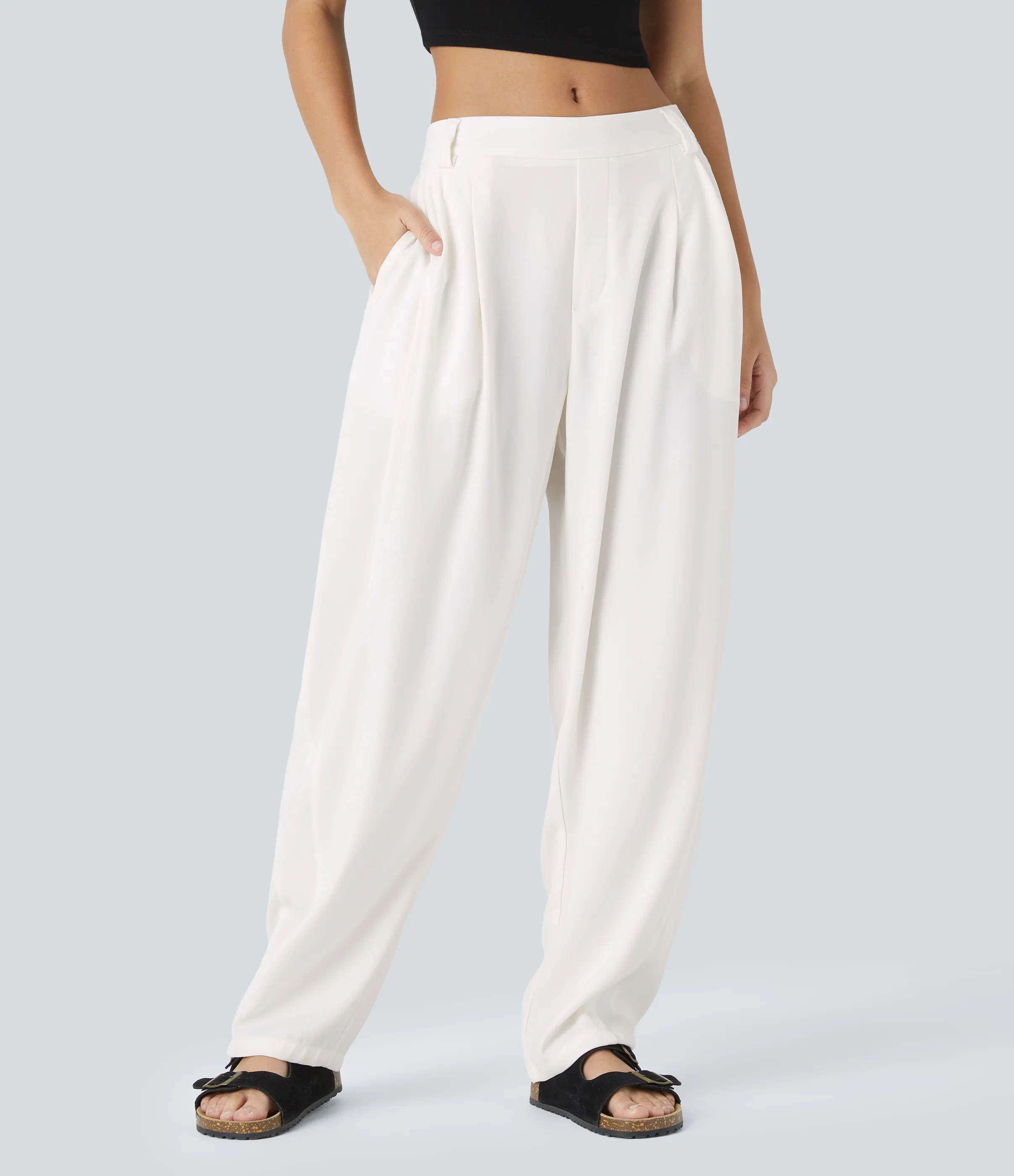 Halara Pantalón oficina pierna barril bolsillo lateral plisado tiro medio - White - L(regular) sold by Halara product image thumbnail 4