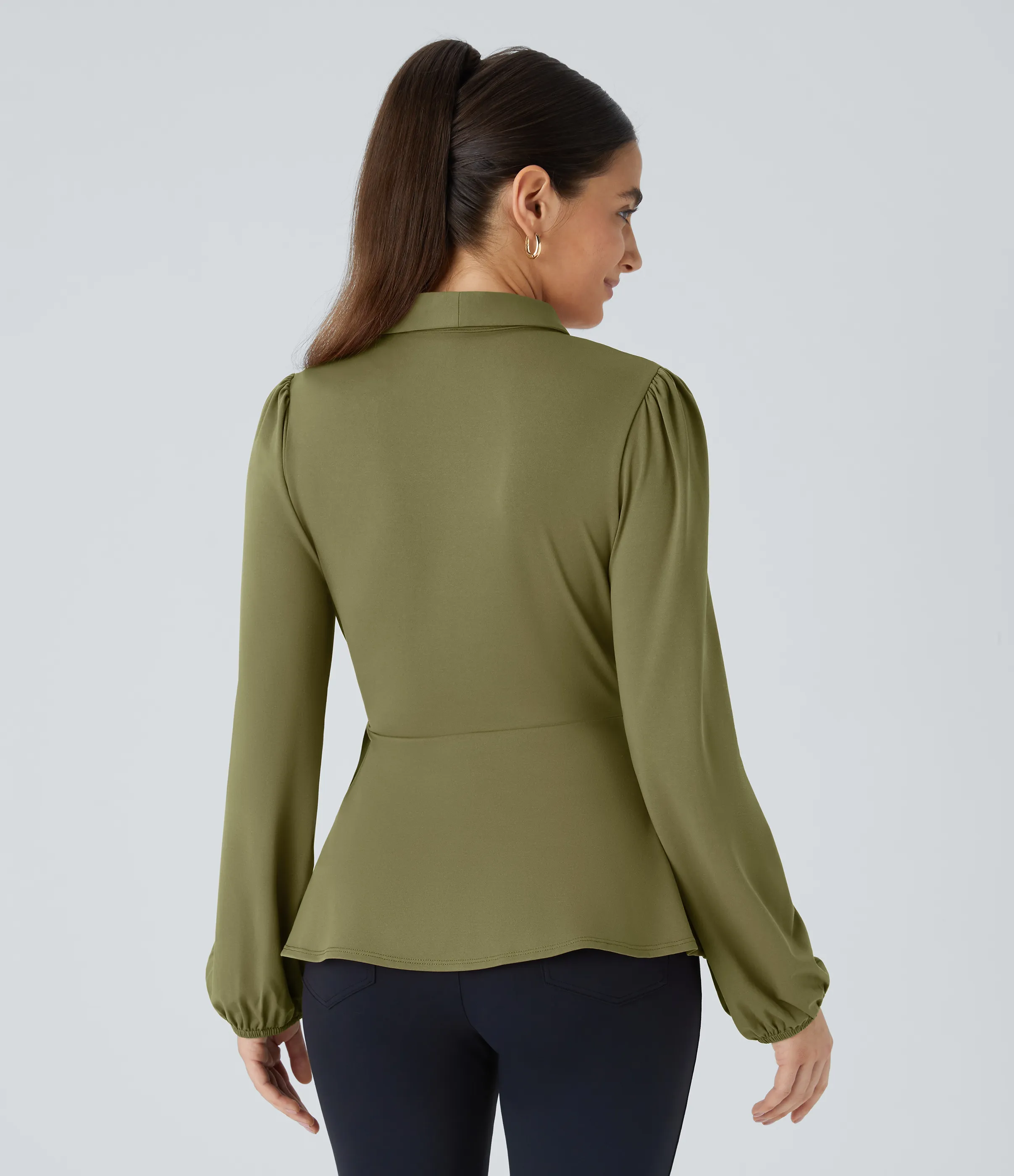 Halara Blusa oficina cuello chal lazo lateral cruzado dobladillo volante - Capulet Olive - M sold by Halara product image thumbnail 3
