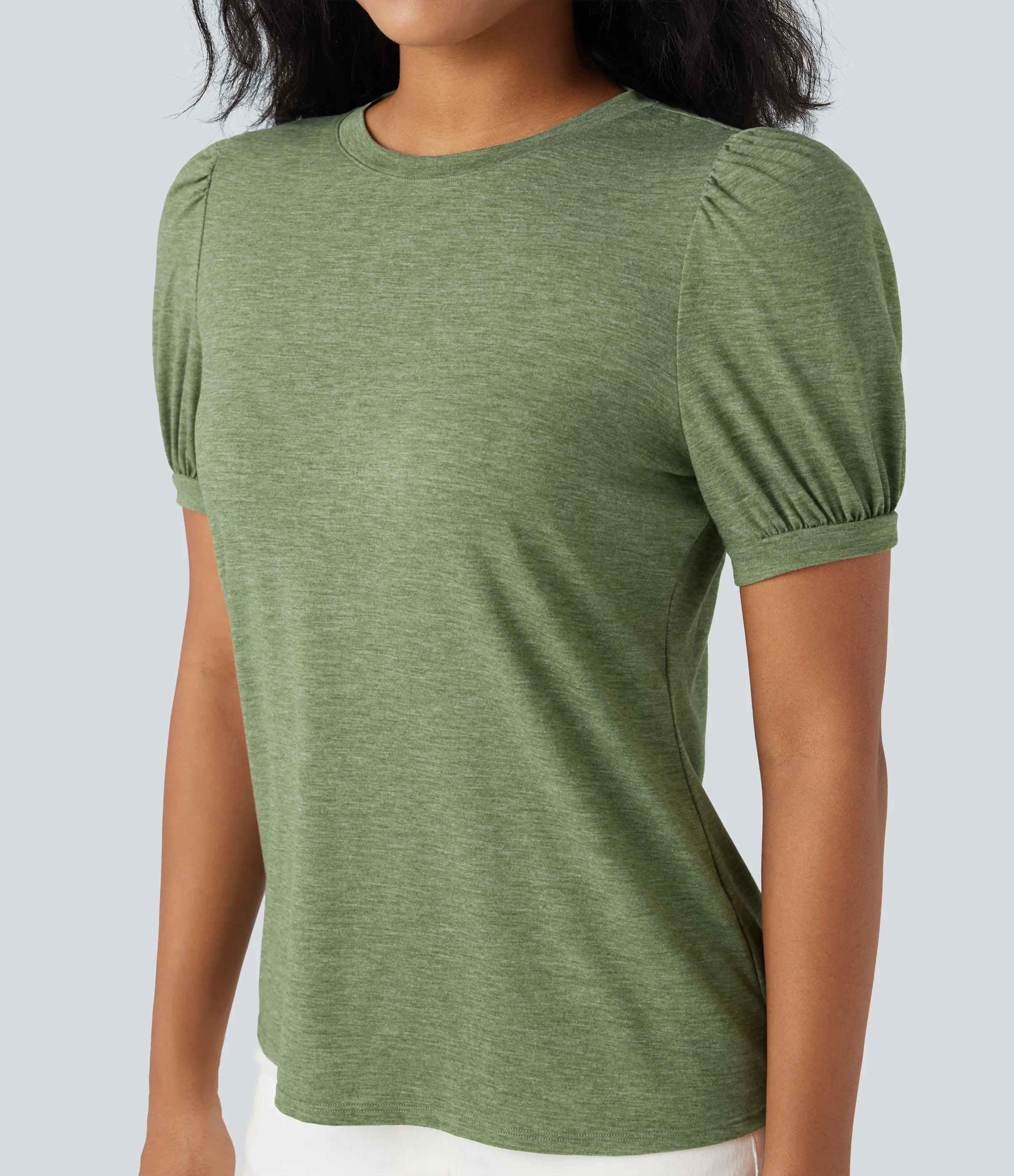 Halara Top casual de cuello redondo y manga corta abullonada - Light Green Floral Yarn - L sold by Halara product image thumbnail 5