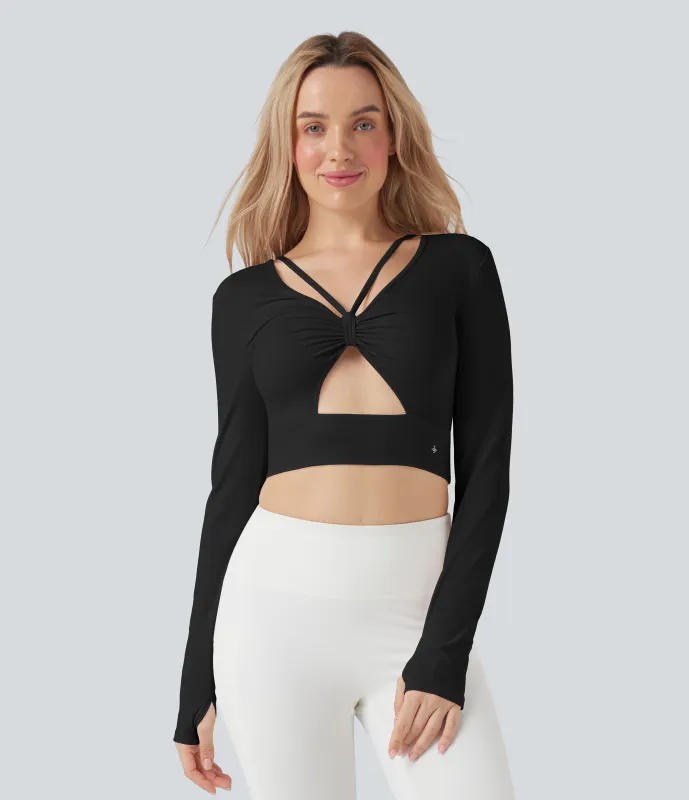 Halara Top deportivo de yoga SoftlyZero™ afelpado con agujeros recortados para los pulgares (delante y detrás) - Black - L sold by Halara