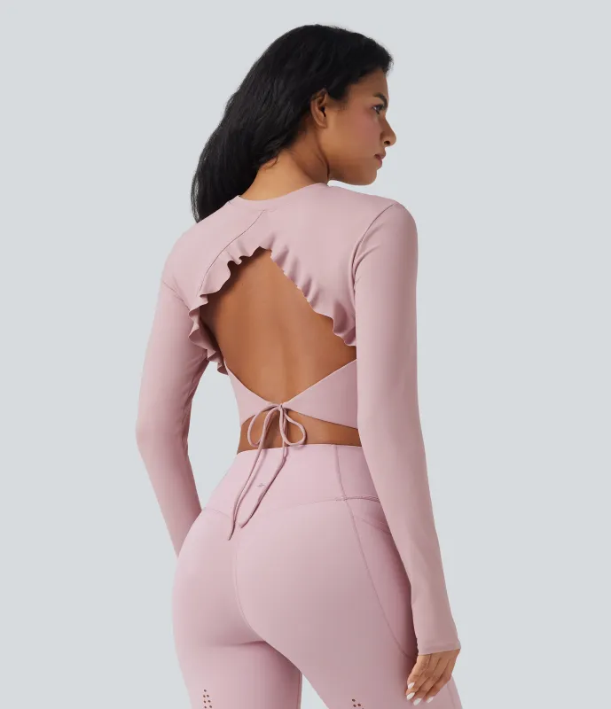 Halara Top deportivo de yoga corto SoftlyZero™ Airy de tacto fresco con cuello redondo de manga larga con abertura para el pulgar y espalda anudada - Cloud Gray Purple - L made by Halara