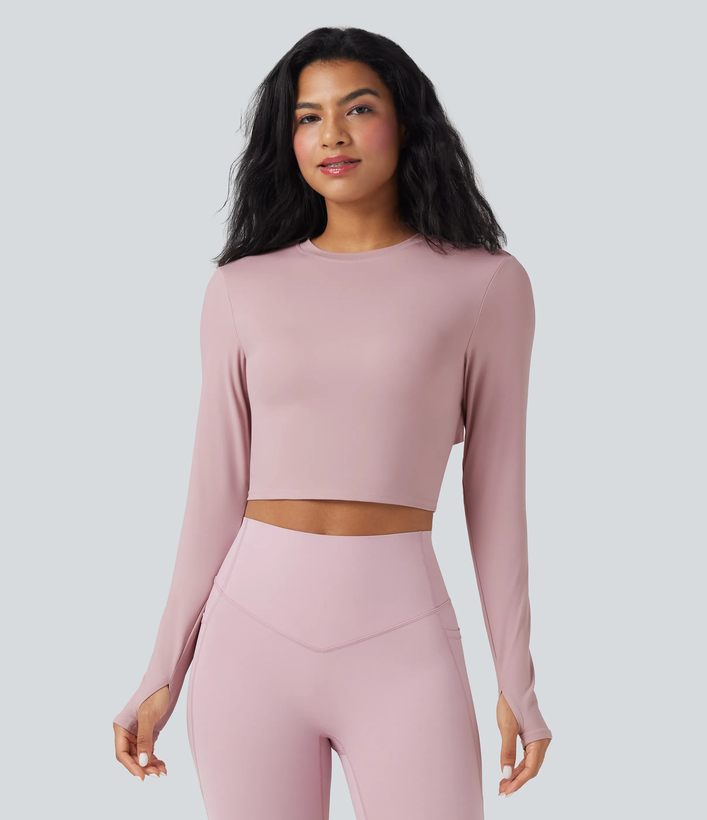 Halara Top deportivo de yoga corto SoftlyZero™ Airy de tacto fresco con cuello redondo de manga larga con abertura para el pulgar y espalda anudada - Cloud Gray Purple - L sold by Halara product image thumbnail 3