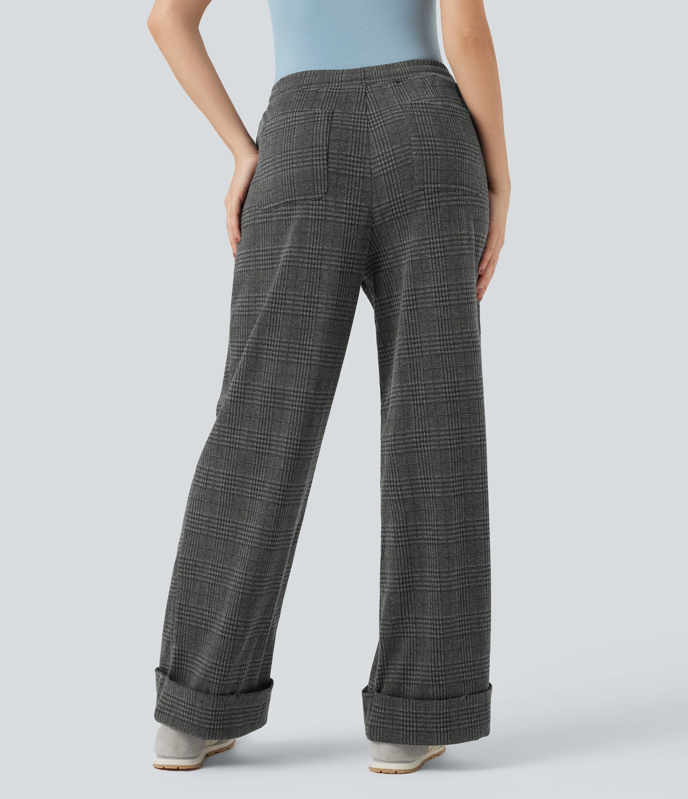 Halara Pantalones casuales anchos de pata de gallo con tiro medio, cordón ajustable y bolsillos - Charcoal Black Houndstooth Plaid - XL(regular) sold by Halara product image thumbnail 3
