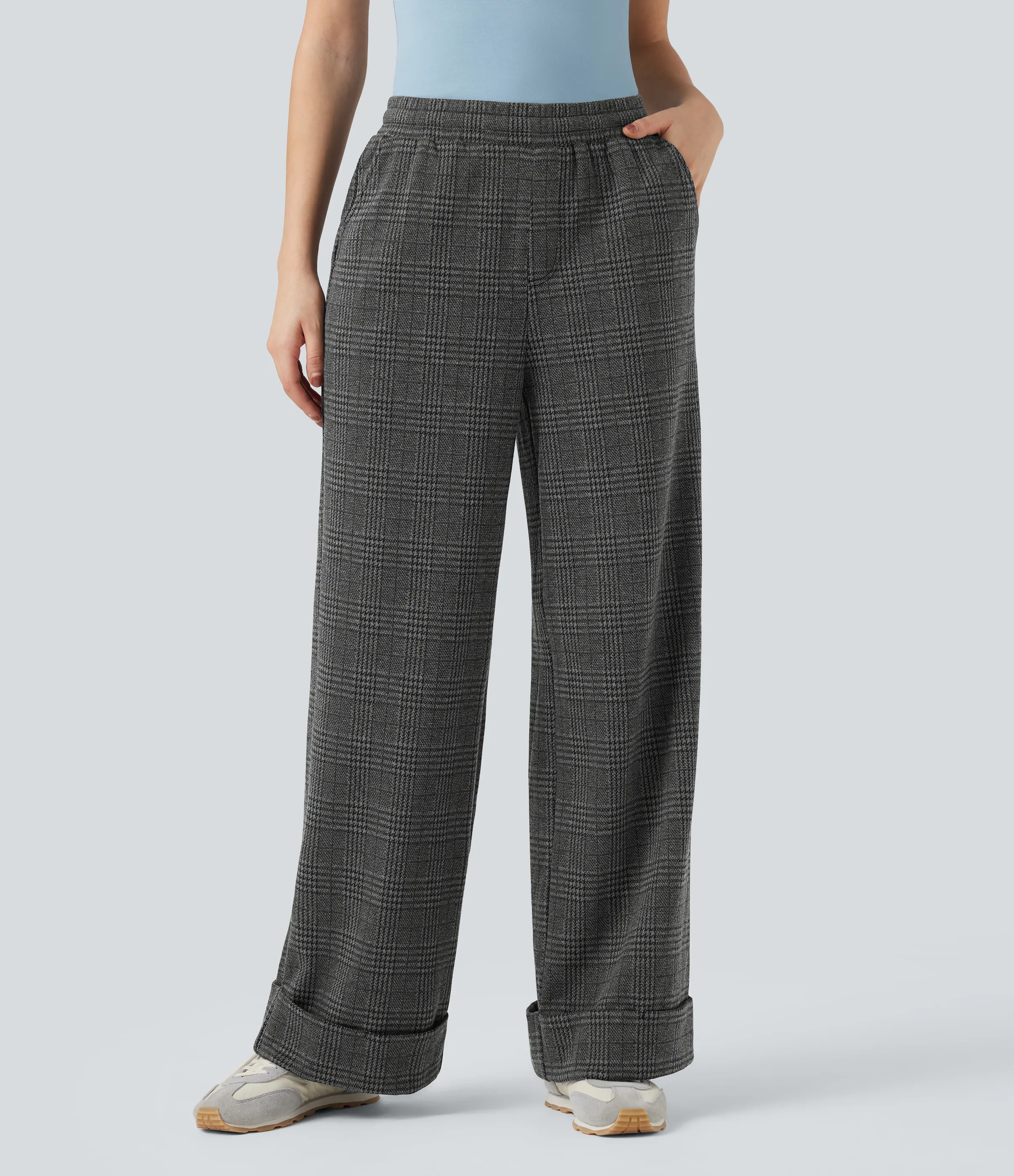 Halara Pantalones casuales anchos de pata de gallo con tiro medio, cordón ajustable y bolsillos - Charcoal Black Houndstooth Plaid - XL(regular) sold by Halara product image thumbnail 4