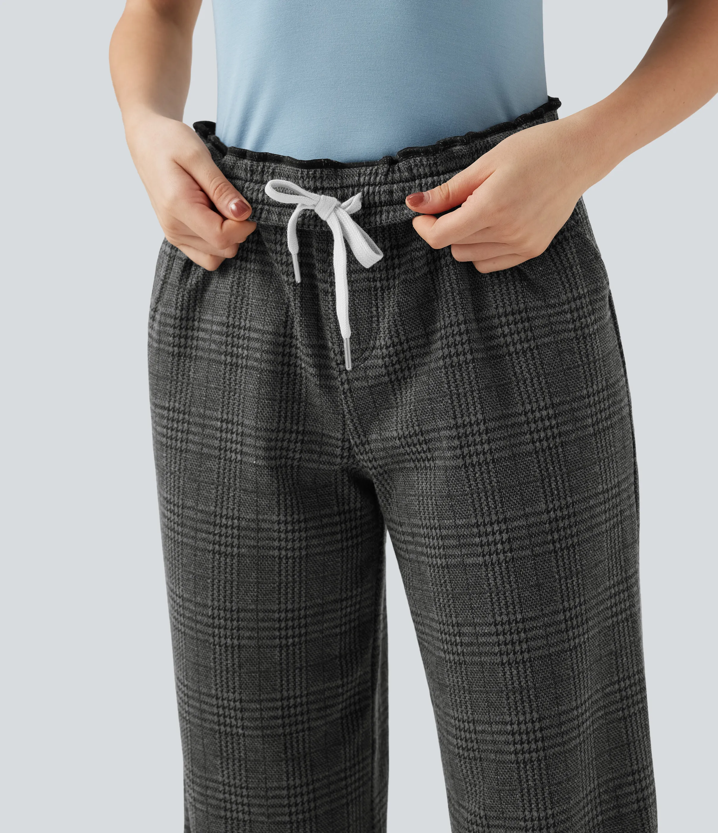 Halara Pantalones casuales anchos de pata de gallo con tiro medio, cordón ajustable y bolsillos - Charcoal Black Houndstooth Plaid - XL(regular) sold by Halara product image thumbnail 5