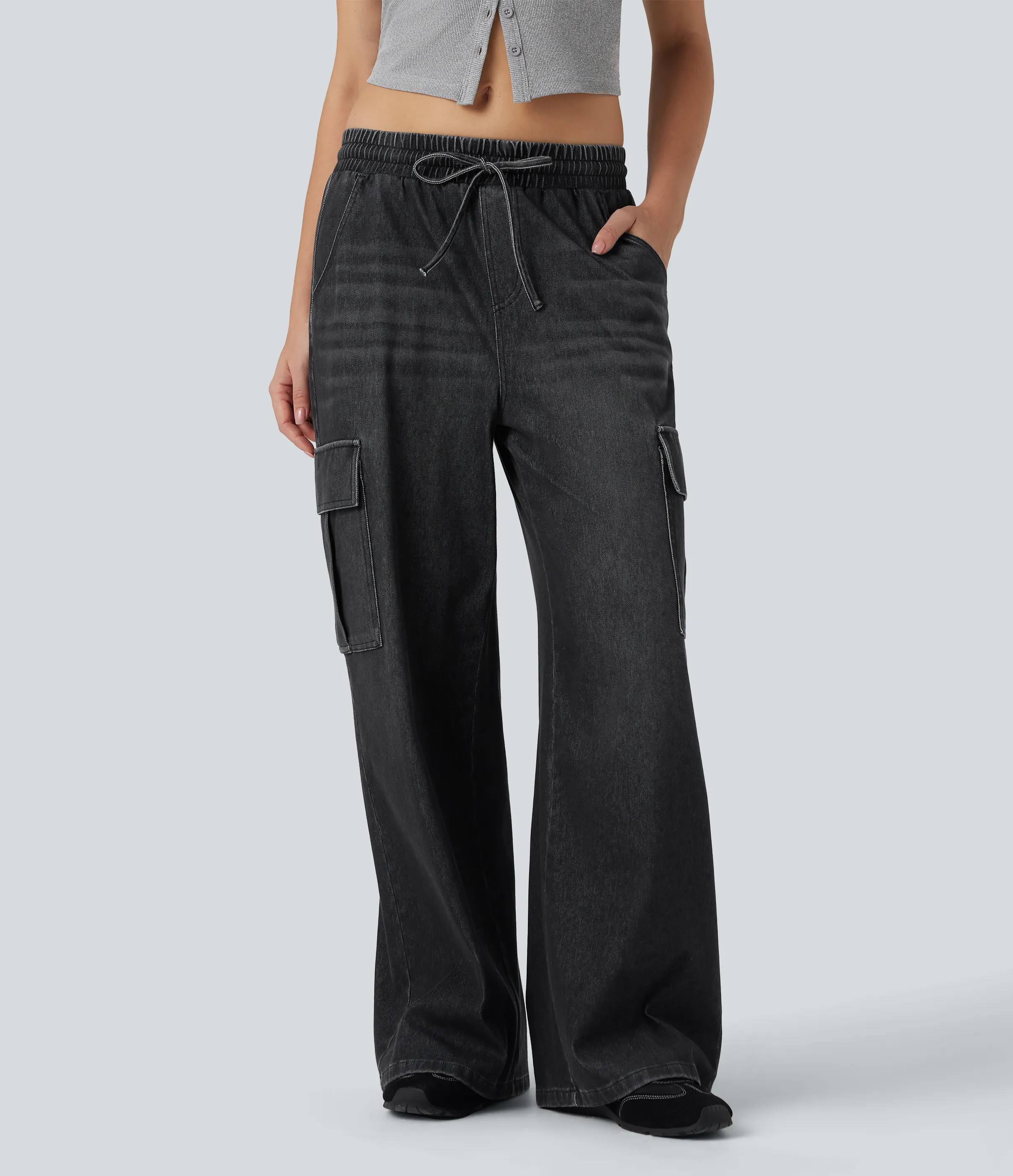 Halara Jeans casuales holgados Halara Flex™ con cordón y tiro medio con bolsillos - Phantom Denim - XL(regular) sold by Halara