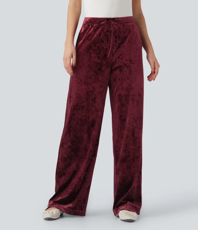 Halara Pantalones casuales anchos de terciopelo con tiro alto y cordón ajustable con bolsillos - Burgundy - M(regular) sold by Halara