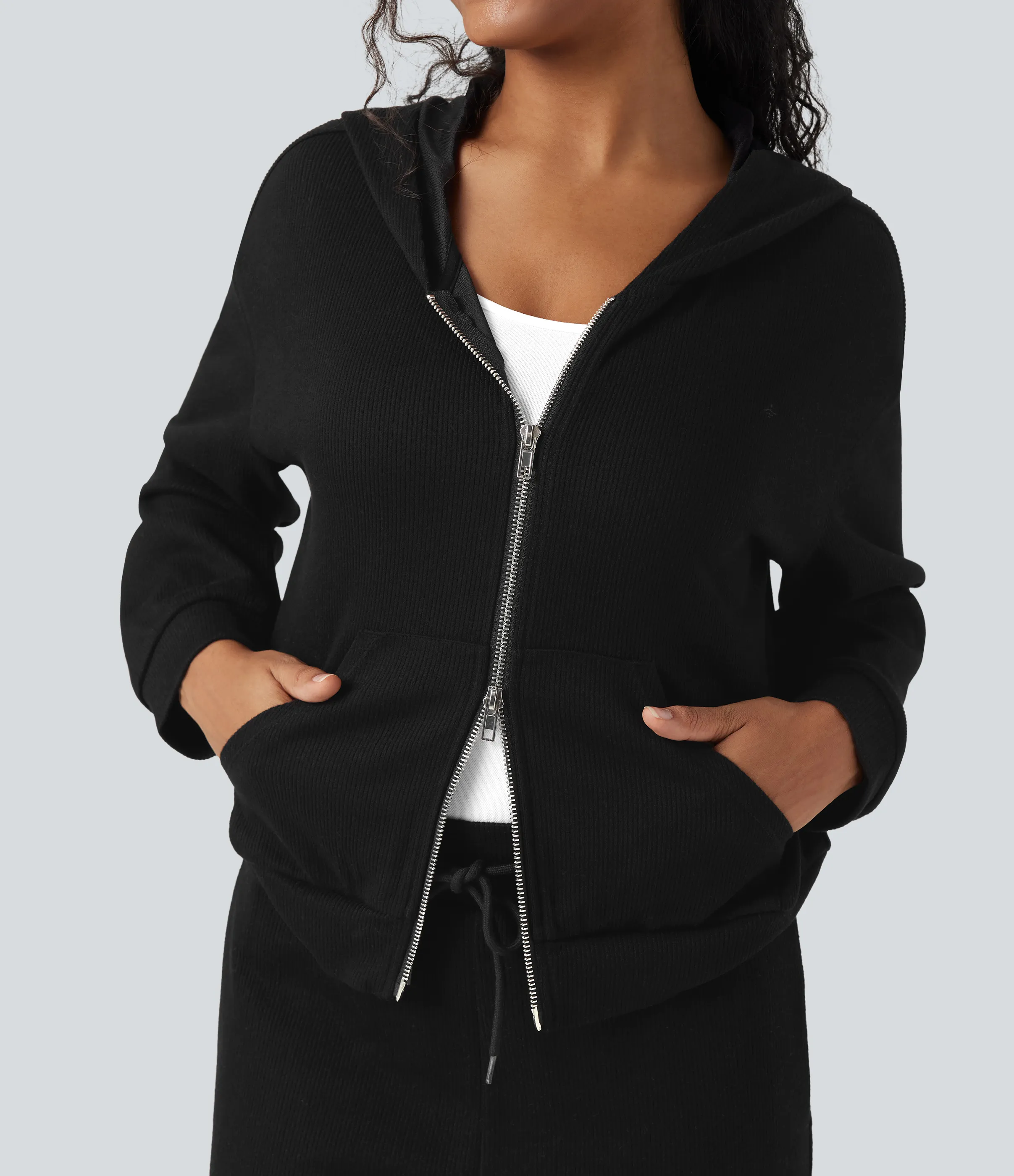 Halara Chamarra casual holgada de punto acanalado con capucha, cremallera y bolsillos - Black - S sold by Halara product image thumbnail 5