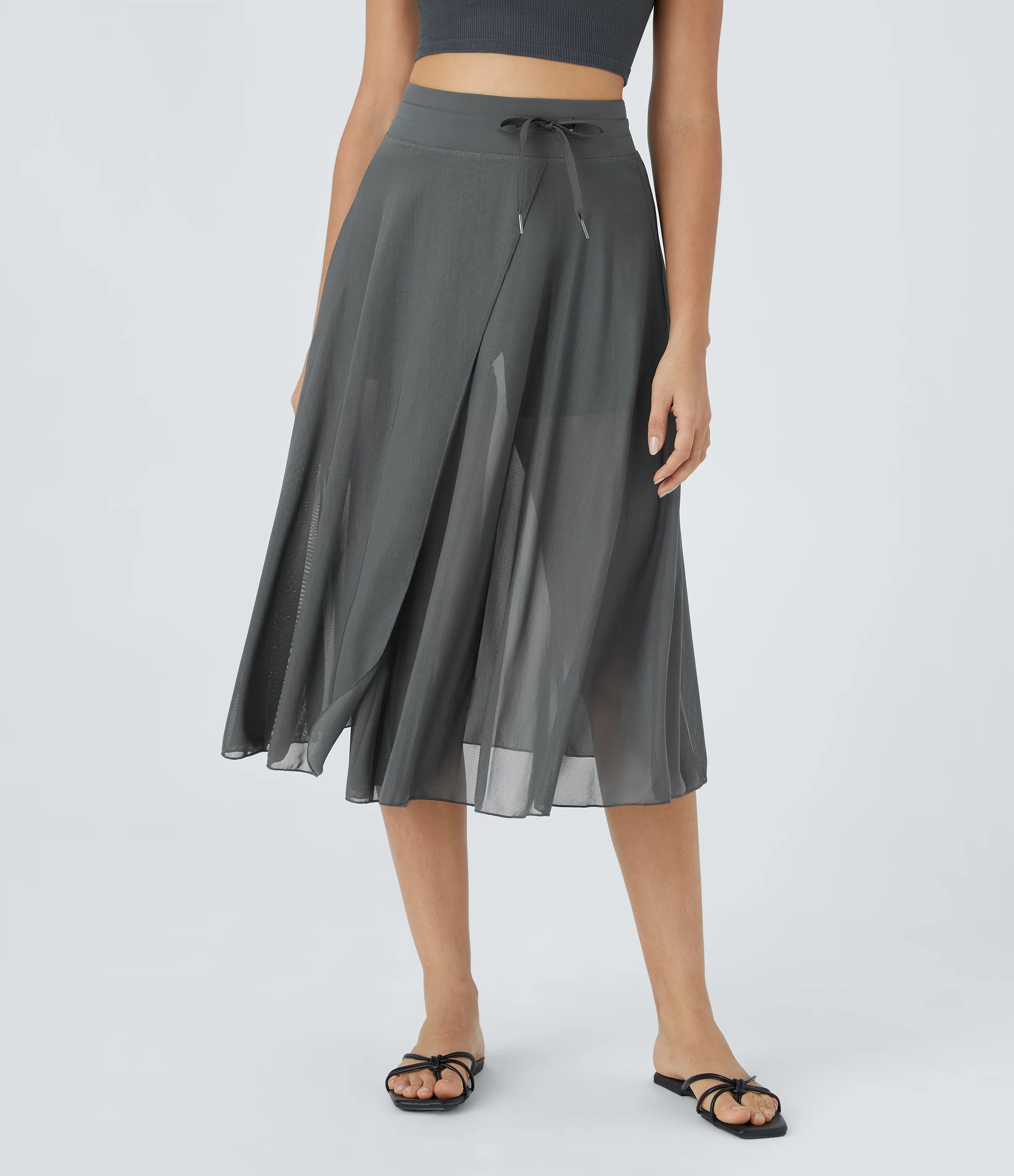 Halara Falda midi casual 2 en 1 acampanada con bolsillo lateral de tiro alto con cordón y malla en contraste - Dark Shadow - XS sold by Halara product image thumbnail 2