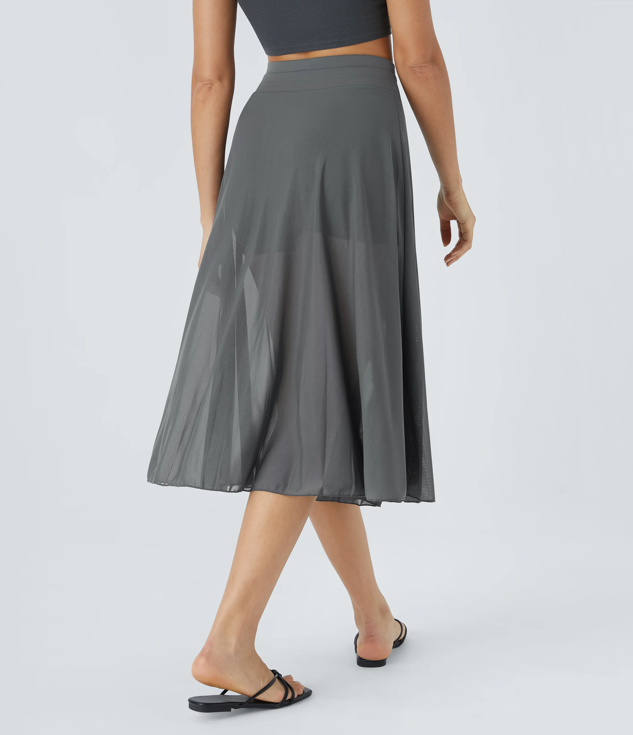 Halara Falda midi casual 2 en 1 acampanada con bolsillo lateral de tiro alto con cordón y malla en contraste - Dark Shadow - XS sold by Halara product image thumbnail 3