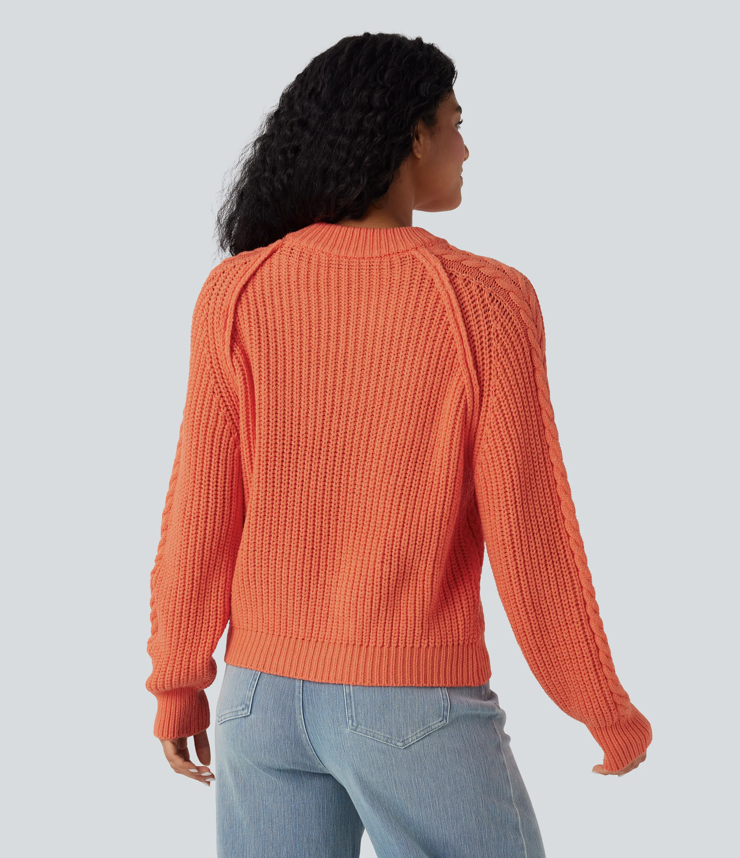 Halara Suéter casual de punto trenzado holgado con cuello redondo y manga larga raglán - Pastel Red - XL sold by Halara product image thumbnail 3