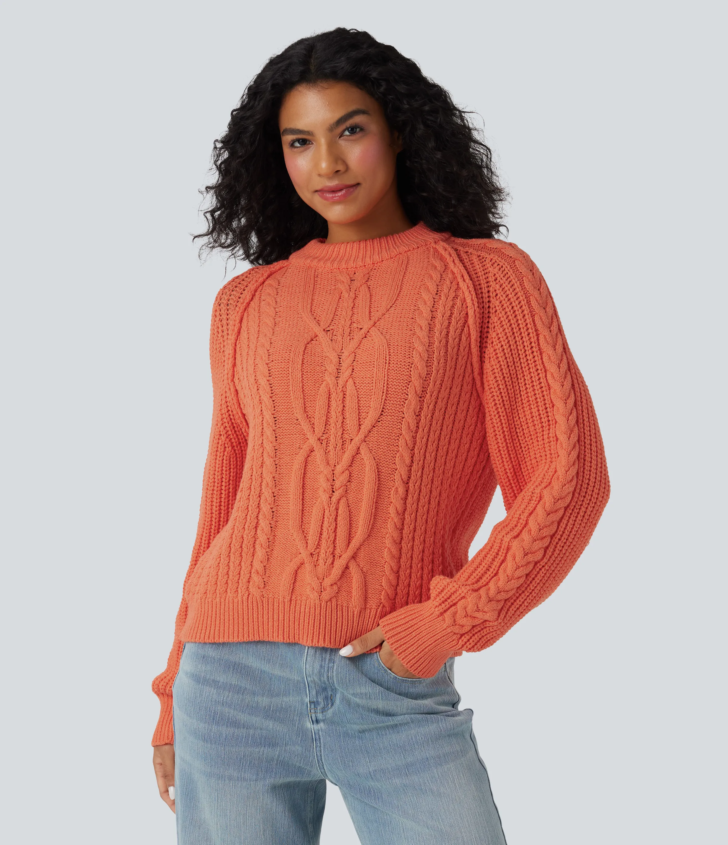 Halara Suéter casual de punto trenzado holgado con cuello redondo y manga larga raglán - Pastel Red - XL sold by Halara product image thumbnail 4